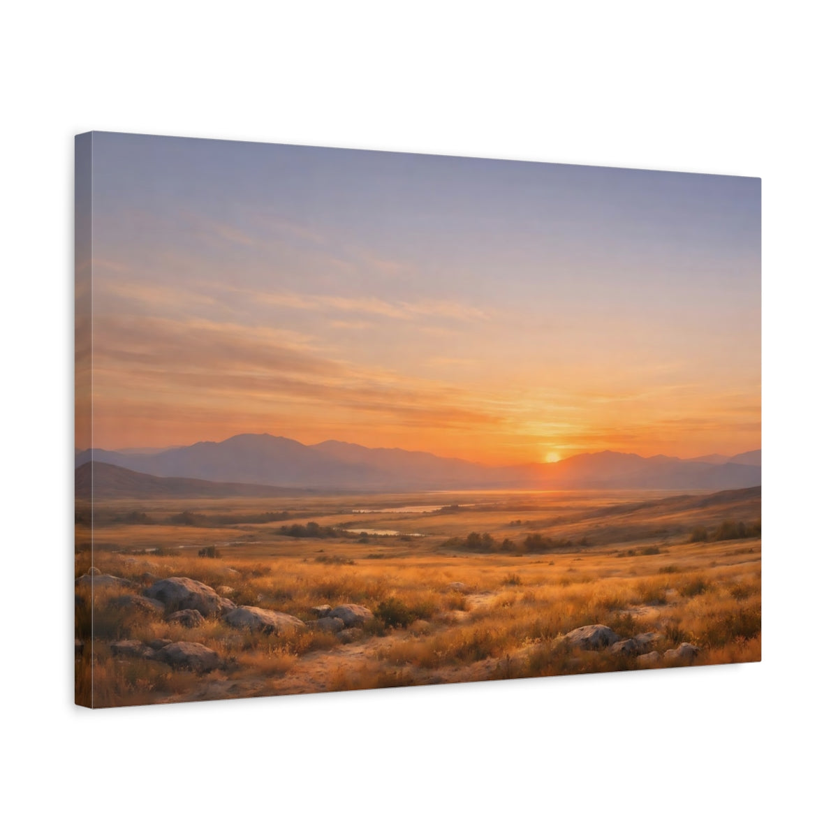 Side Mockup 3. Nature Sunset Landscape Orange Sunset shown as stretched canvas wall art