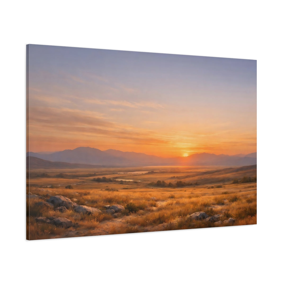 Side Mockup 1. Nature Sunset Landscape Orange Sunset shown as stretched canvas wall art