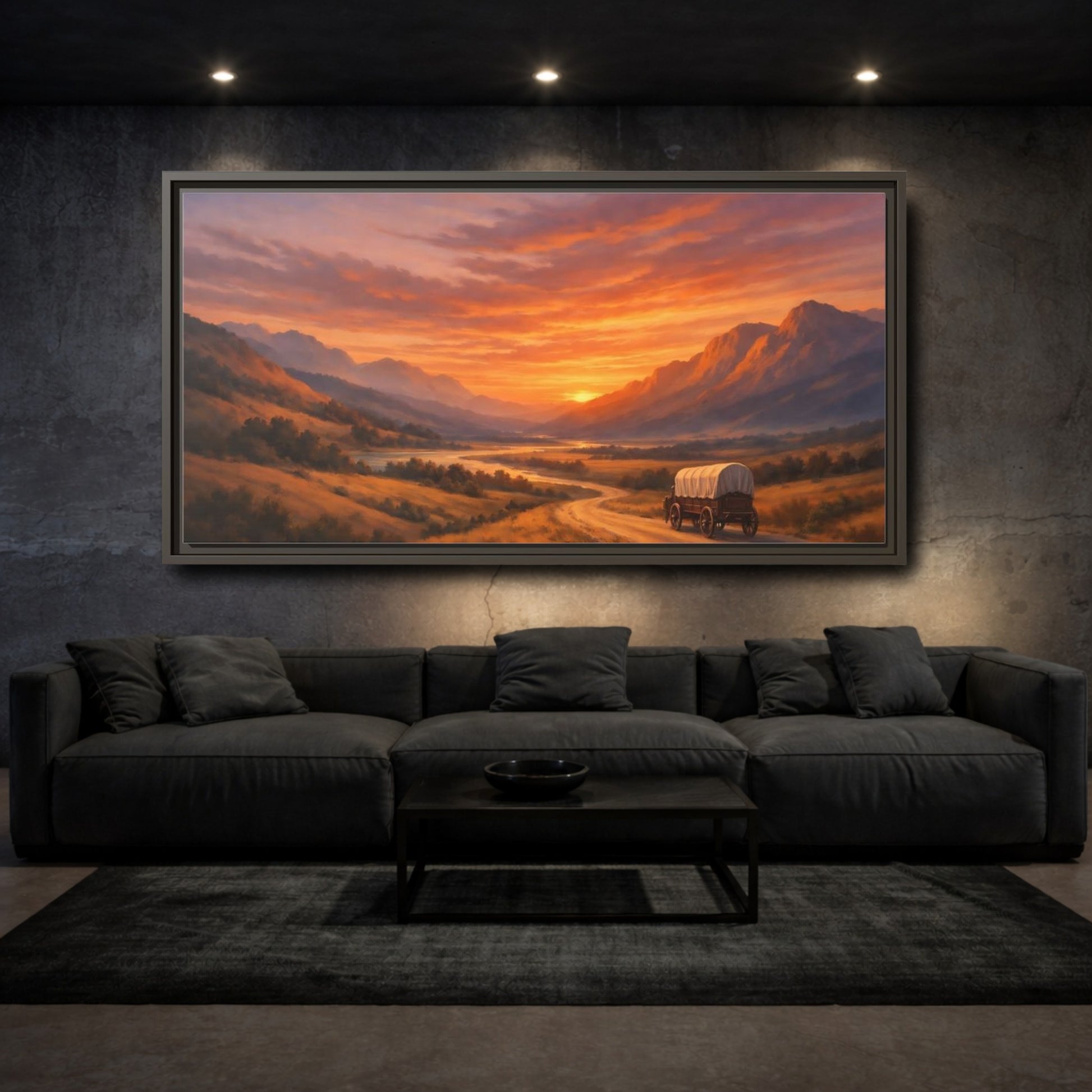 Mockup 2. Nature Sunset Landscape Orange Sunset Landscape shown as stretched canvas wall art