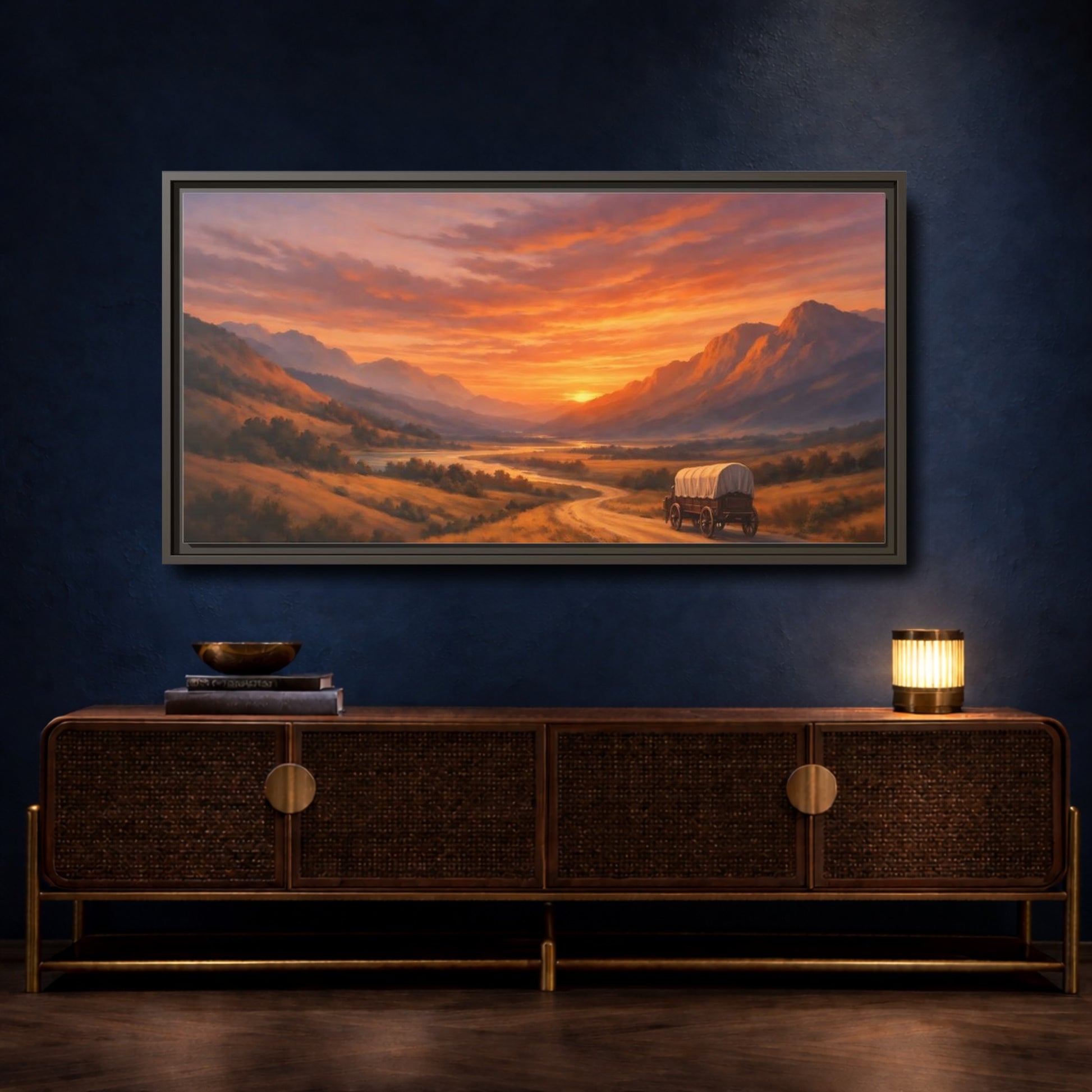 Mockup 4. Nature Sunset Landscape Orange Sunset Landscape shown as stretched canvas wall art