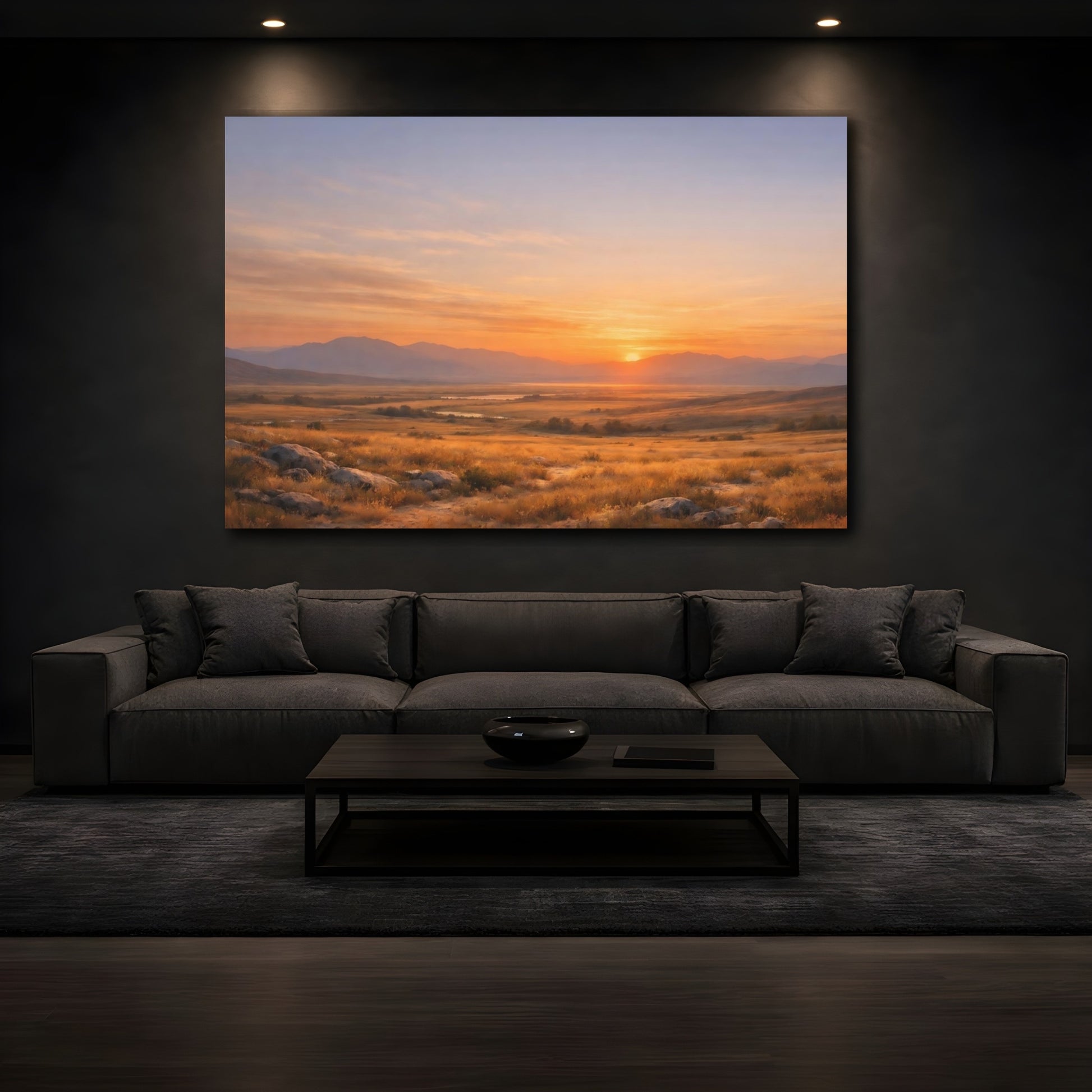 Mockup 2. Nature Sunset Landscape Orange Sunset shown as stretched canvas wall art