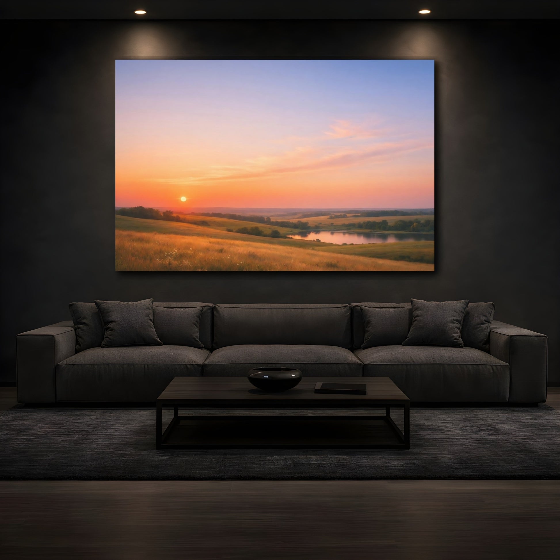 Mockup 2. Nature Sunset Landscape Orange Sunset shown as stretched canvas wall art