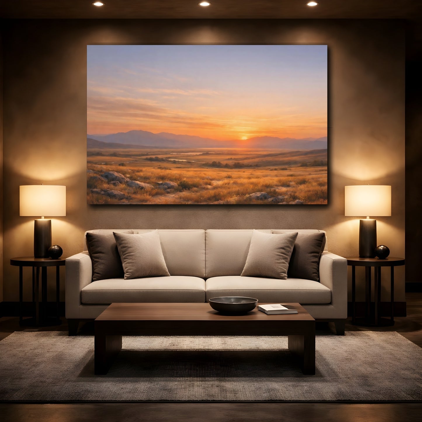 Mockup 3. Nature Sunset Landscape Orange Sunset shown as stretched canvas wall art