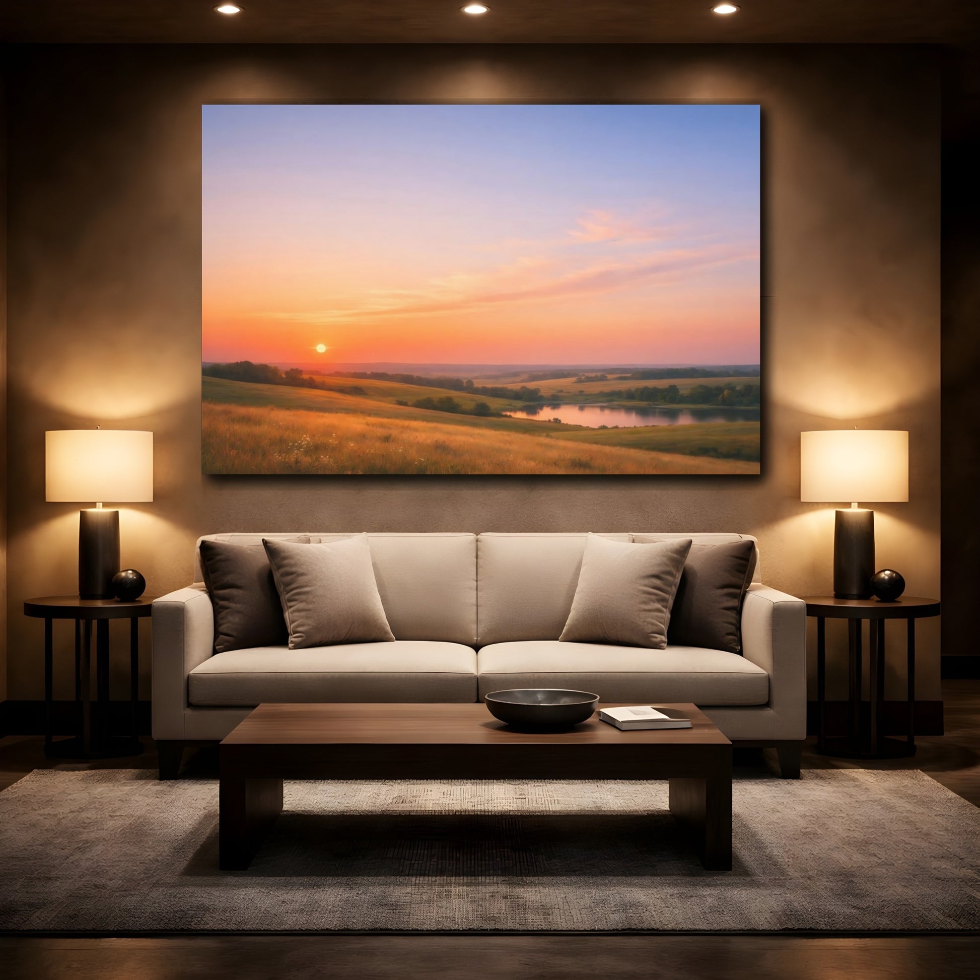 Mockup 3. Nature Sunset Landscape Orange Sunset shown as stretched canvas wall art