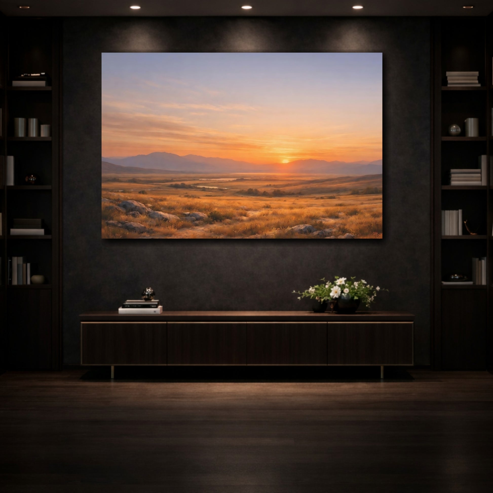 Mockup 4. Nature Sunset Landscape Orange Sunset shown as stretched canvas wall art