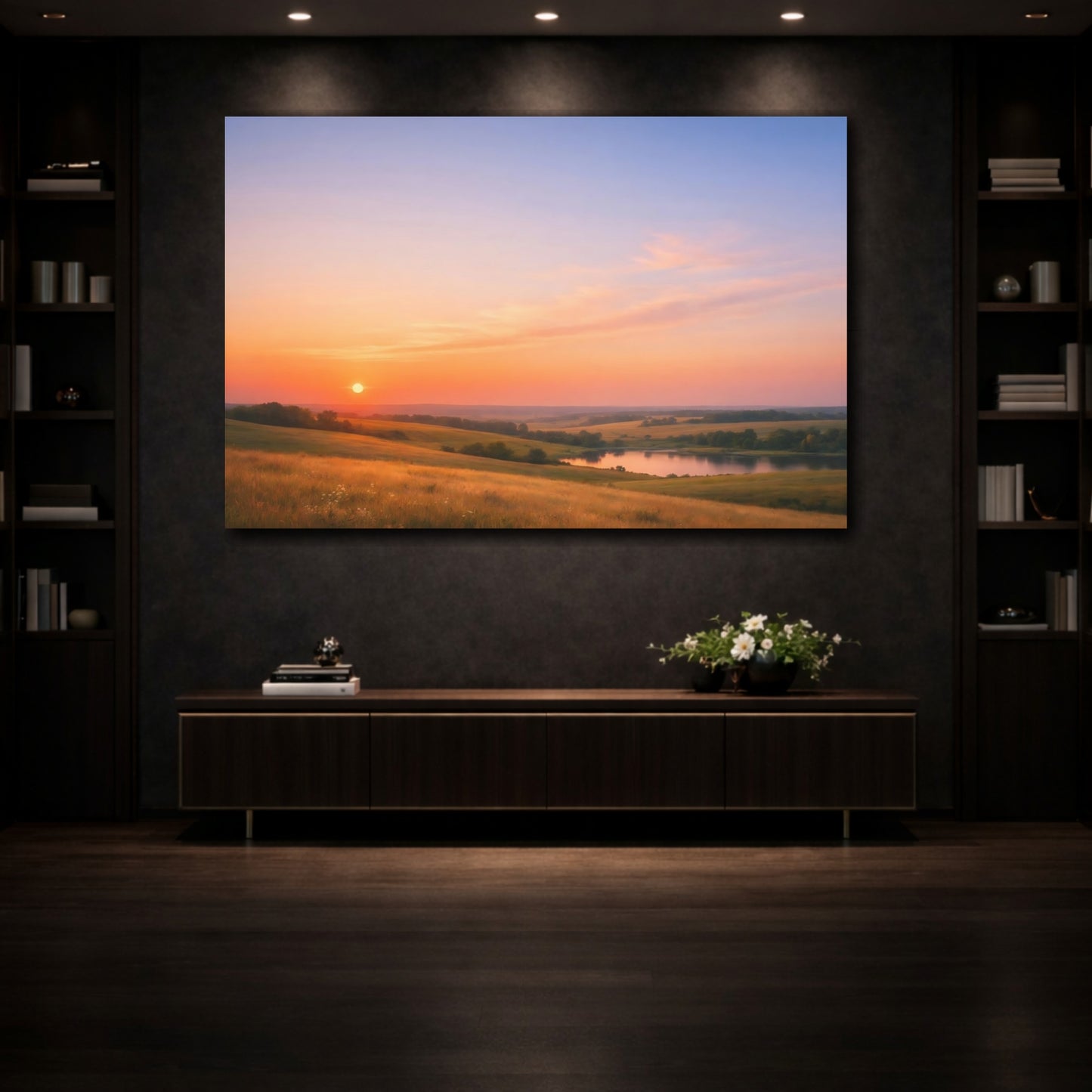 Mockup 4. Nature Sunset Landscape Orange Sunset shown as stretched canvas wall art