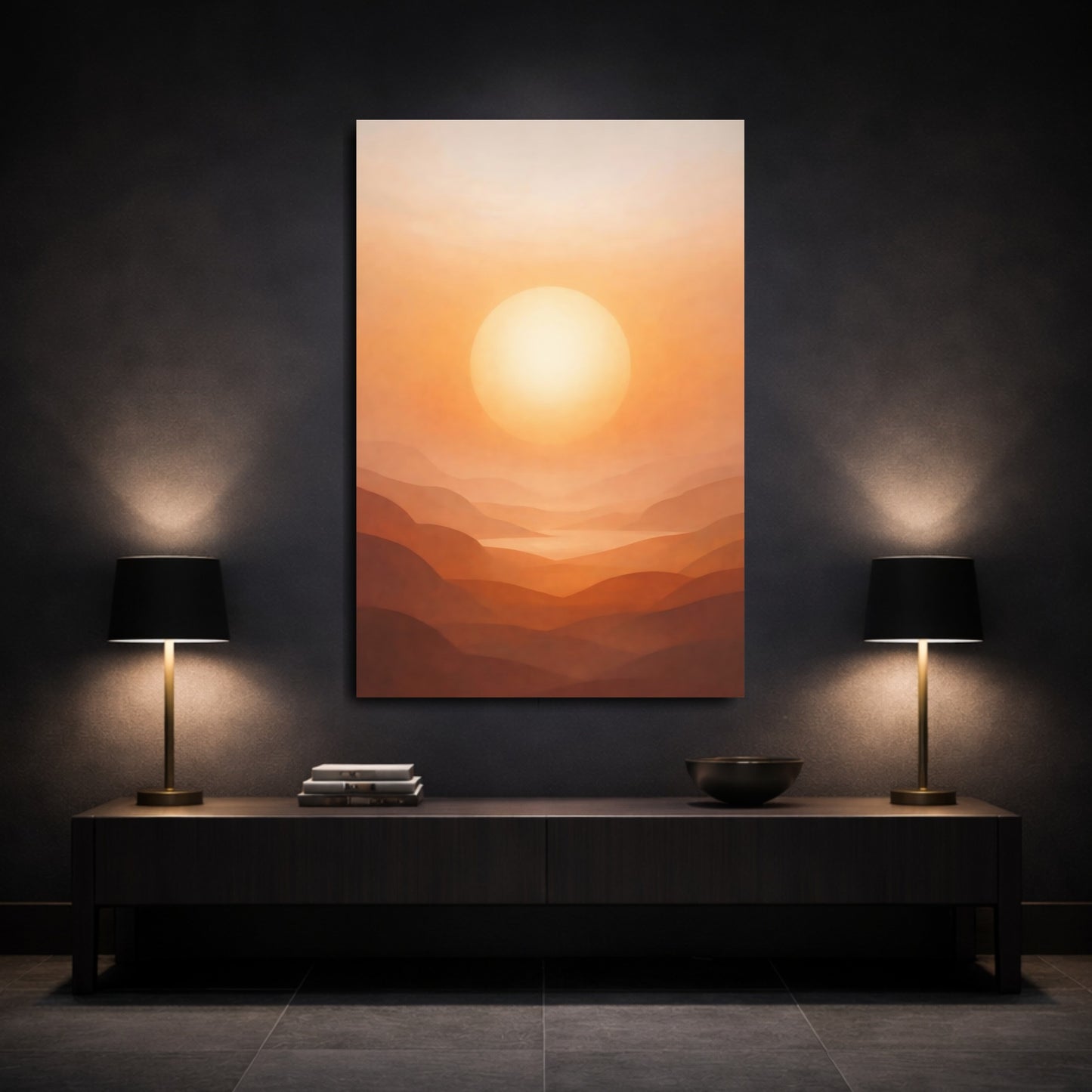 Mockup 2. Nature Sunset Mountains Orange Sunset Hills shown as stretched canvas wall art
