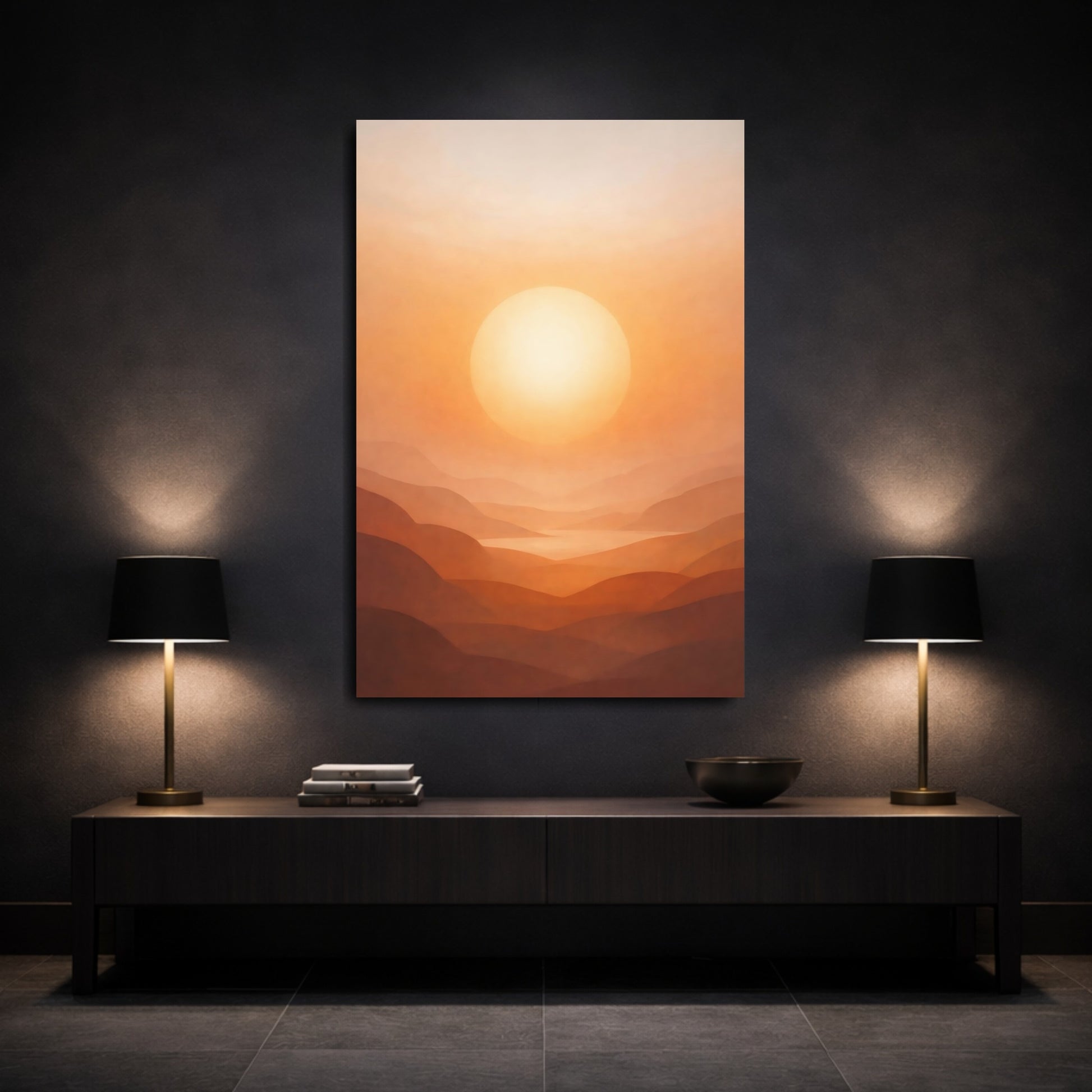 Mockup 2. Nature Sunset Mountains Orange Sunset Hills shown as stretched canvas wall art