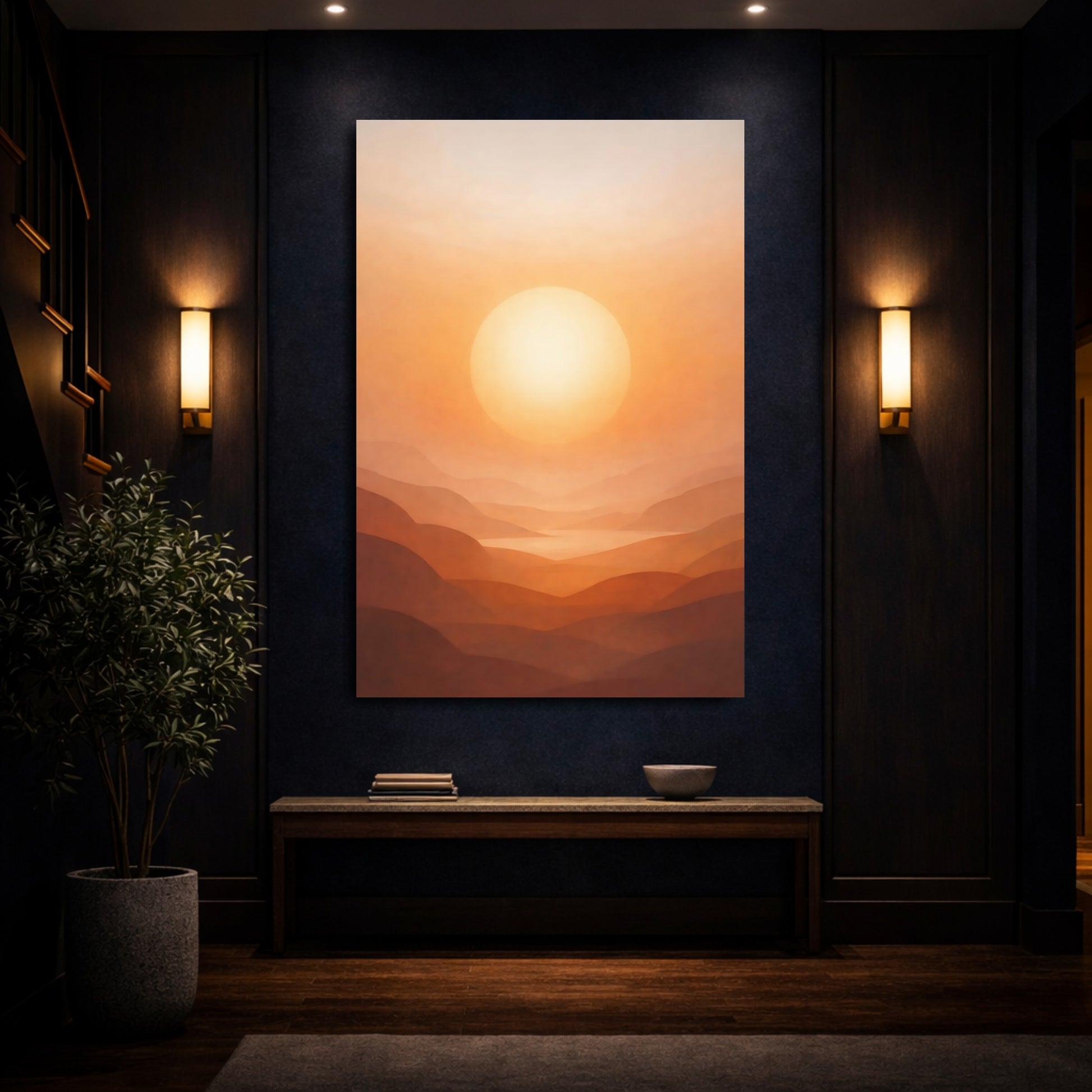 Mockup 3. Nature Sunset Mountains Orange Sunset Hills shown as stretched canvas wall art