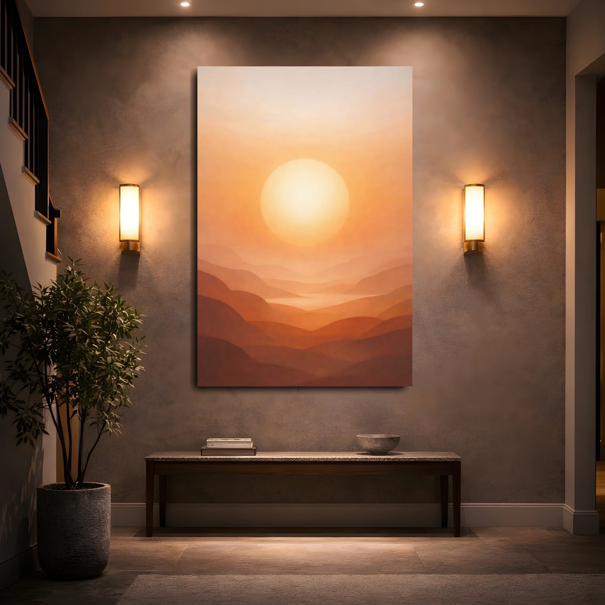 Mockup 4. Nature Sunset Mountains Orange Sunset Hills shown as stretched canvas wall art