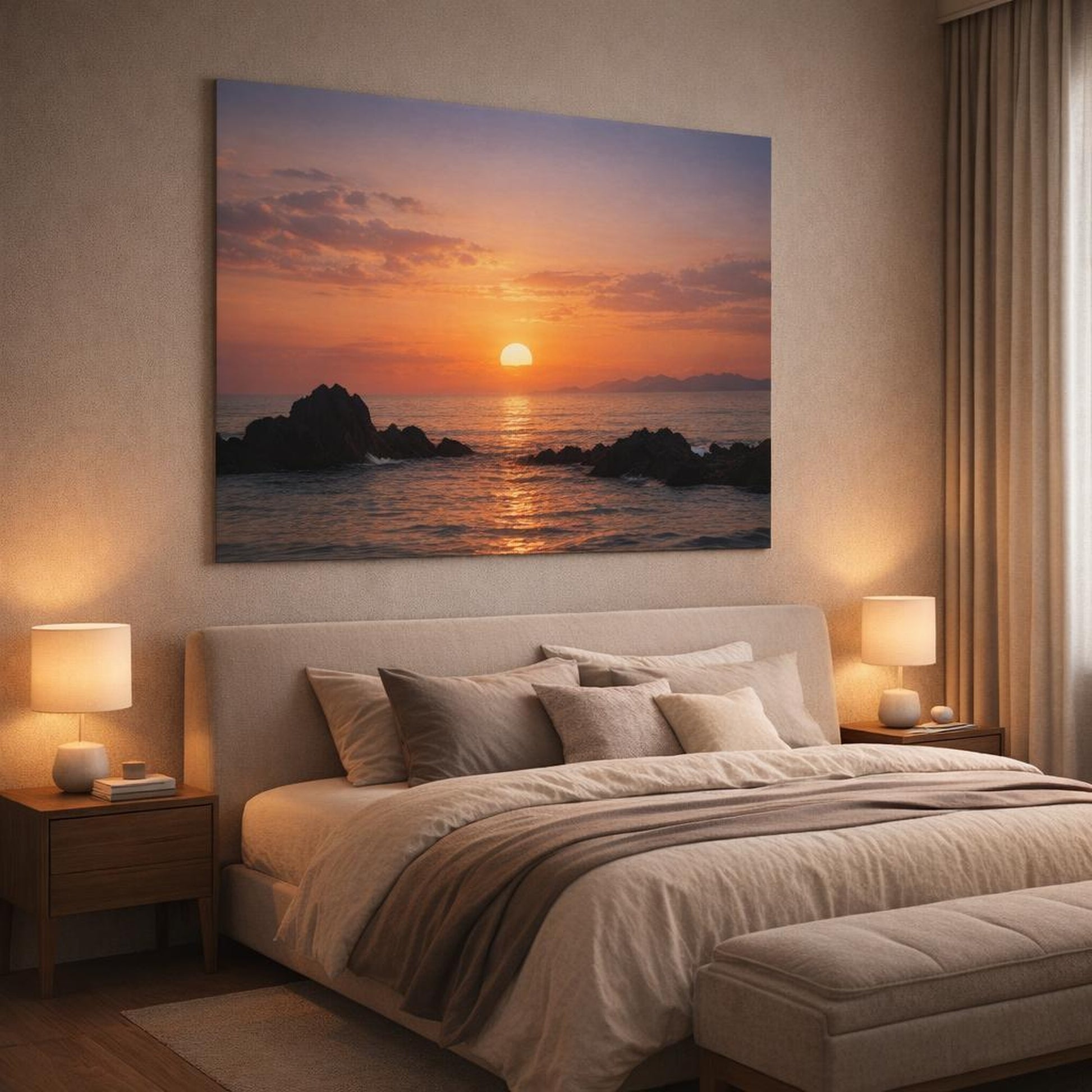 Nature Sunset Ocean shown as canvas wall art in a luxury bedroom