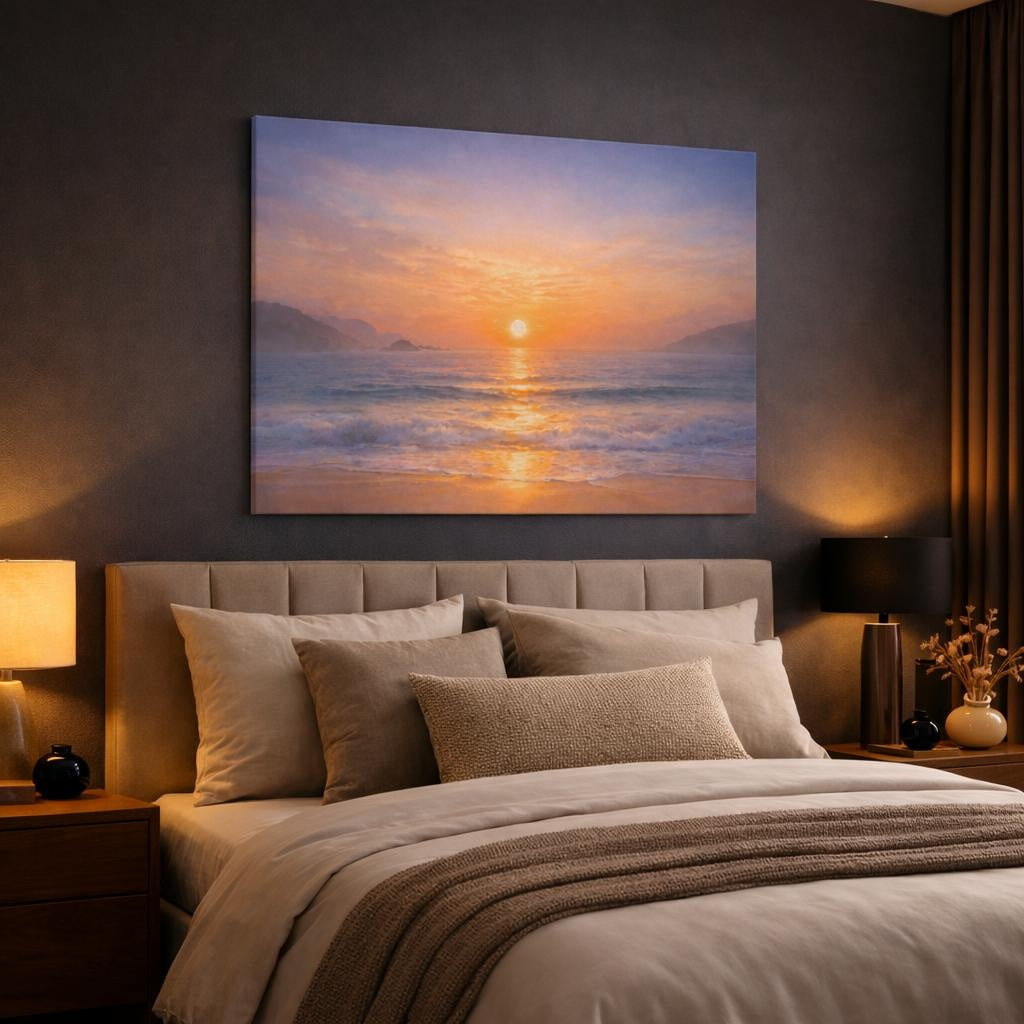 Nature Sunset Ocean shown as canvas wall art in a luxury bedroom