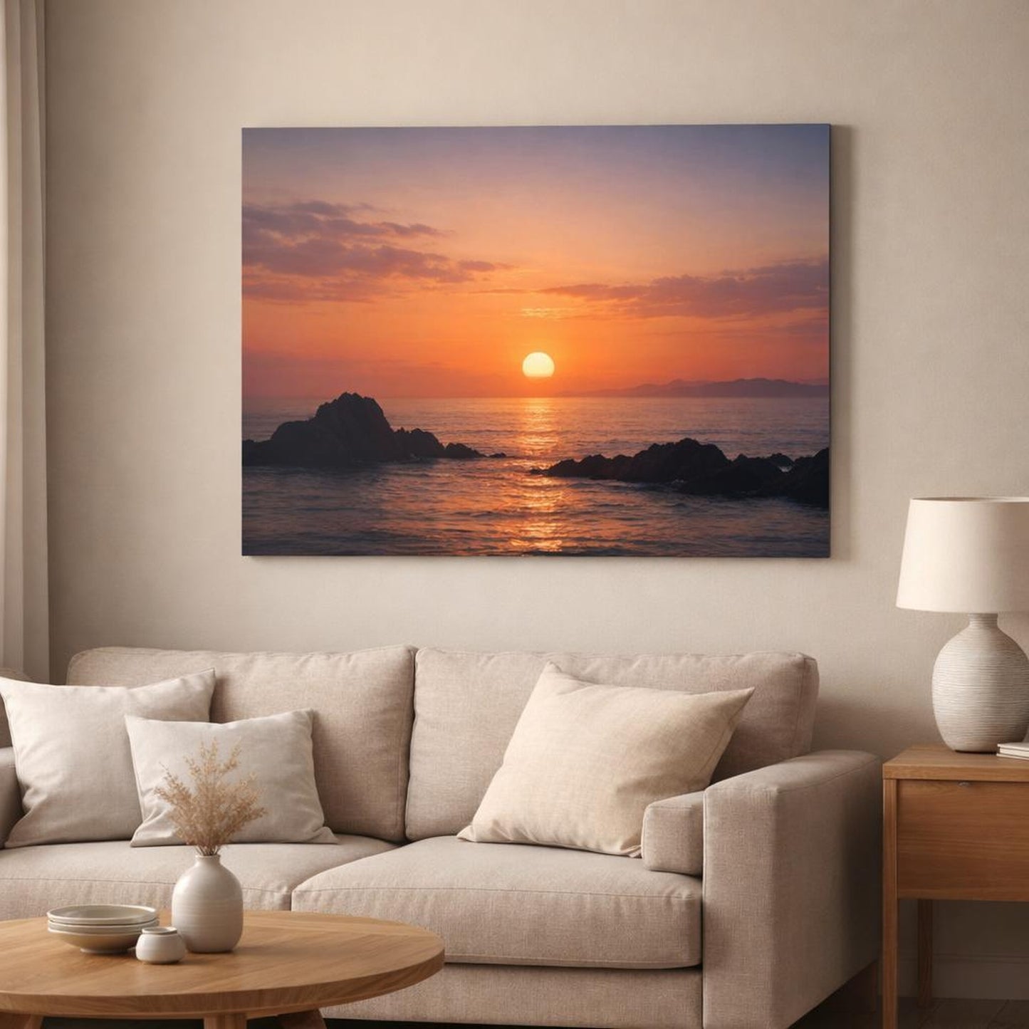 Nature Sunset Ocean shown as canvas wall art in a modern living room