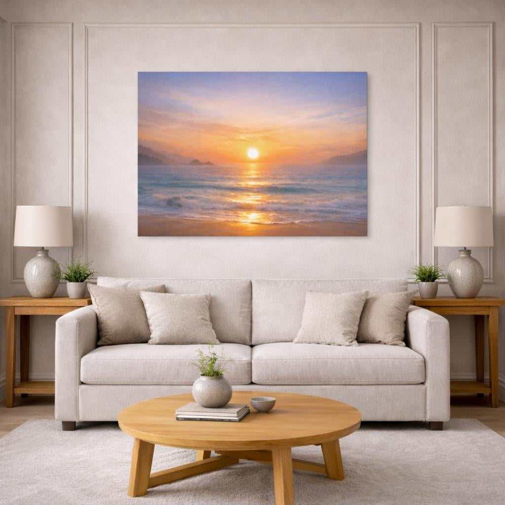 Nature Sunset Ocean shown as canvas wall art in a modern living room
