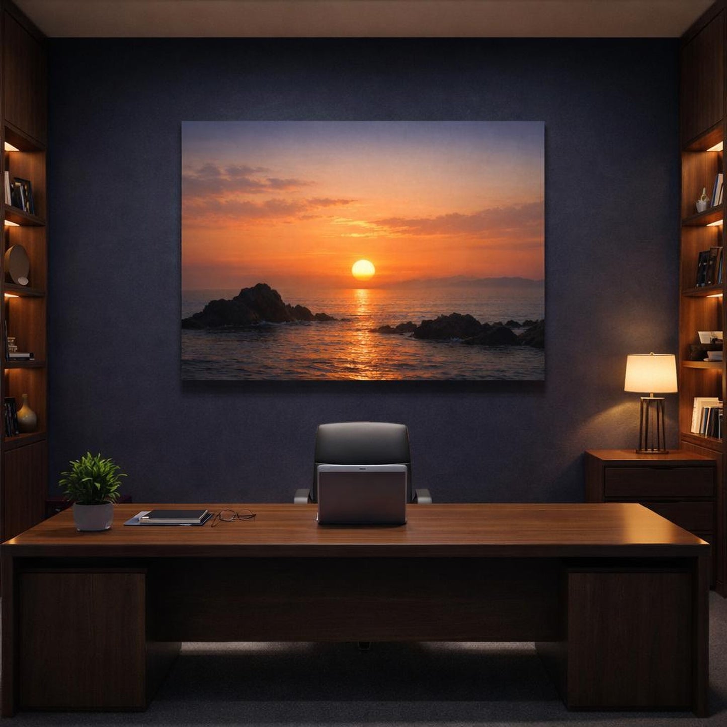 Nature Sunset Ocean shown as canvas wall art in a refined dining room