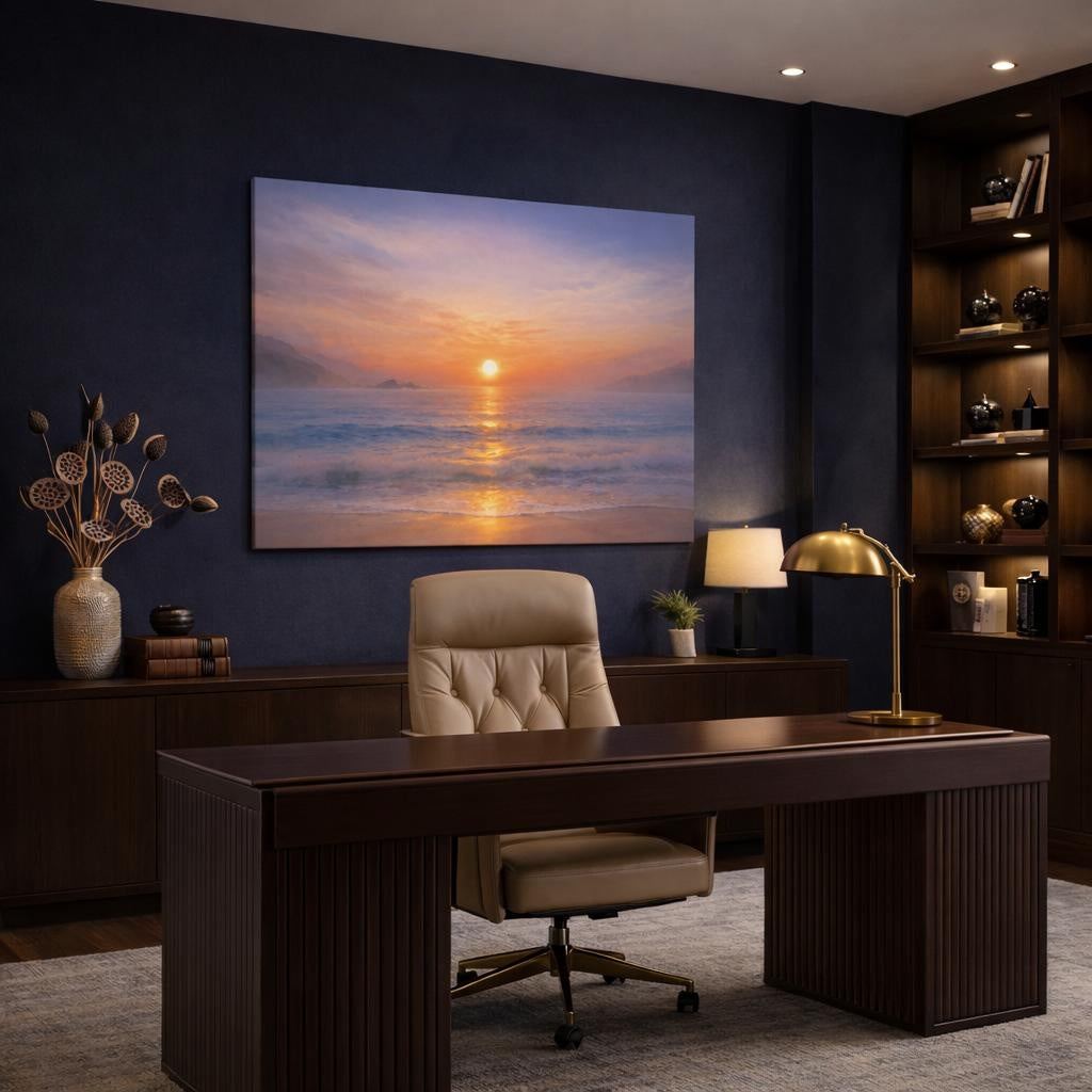 Nature Sunset Ocean shown as canvas wall art in a luxury executive office
