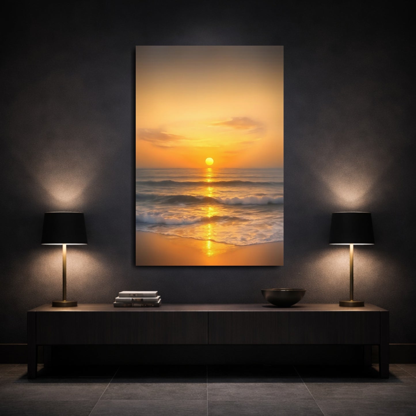 Mockup 2. Nature Sunset Ocean Golden Sunset shown as stretched canvas wall art