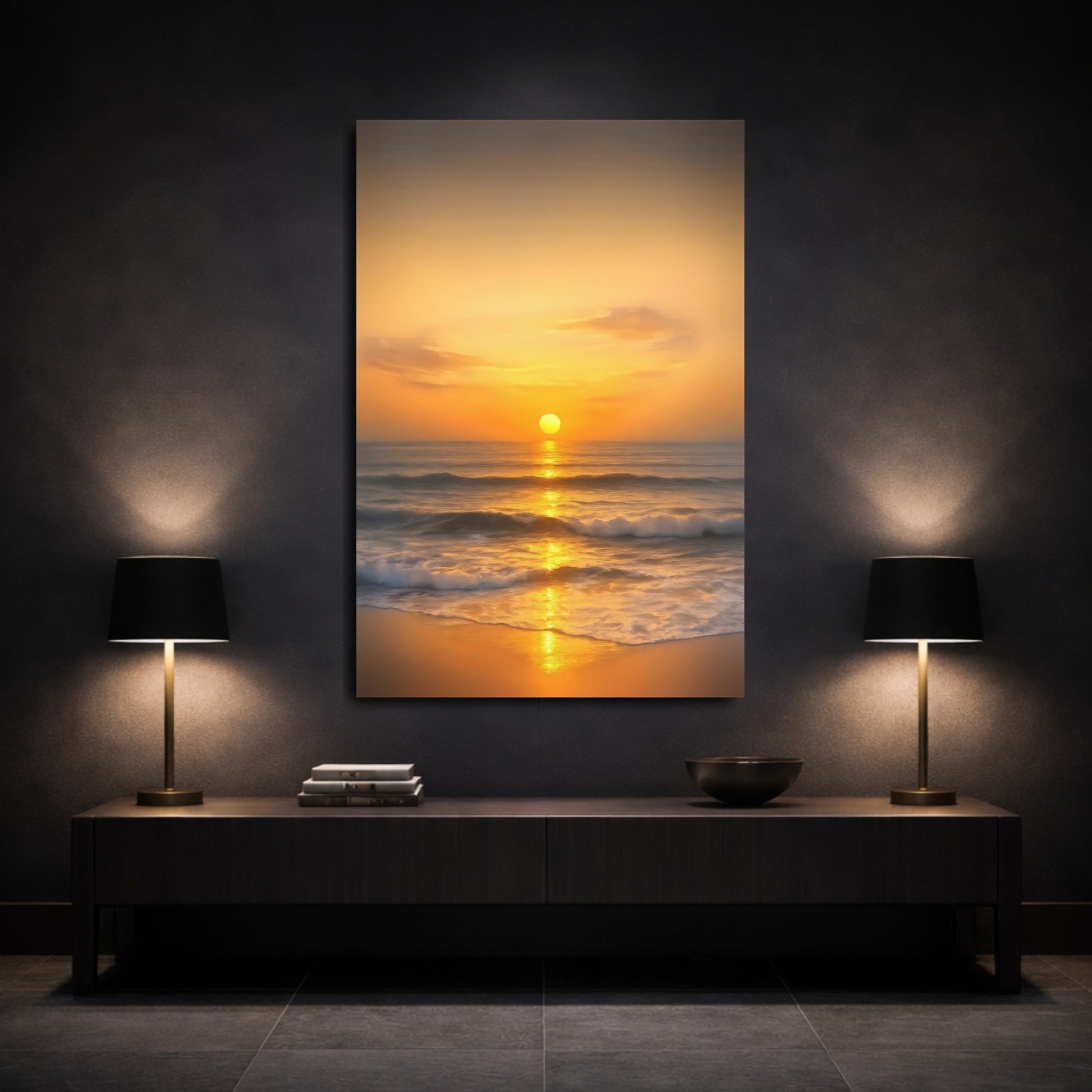 Mockup 2. Nature Sunset Ocean Golden Sunset shown as stretched canvas wall art