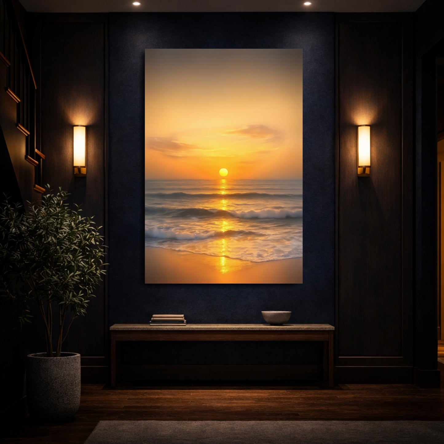 Mockup 3. Nature Sunset Ocean Golden Sunset shown as stretched canvas wall art