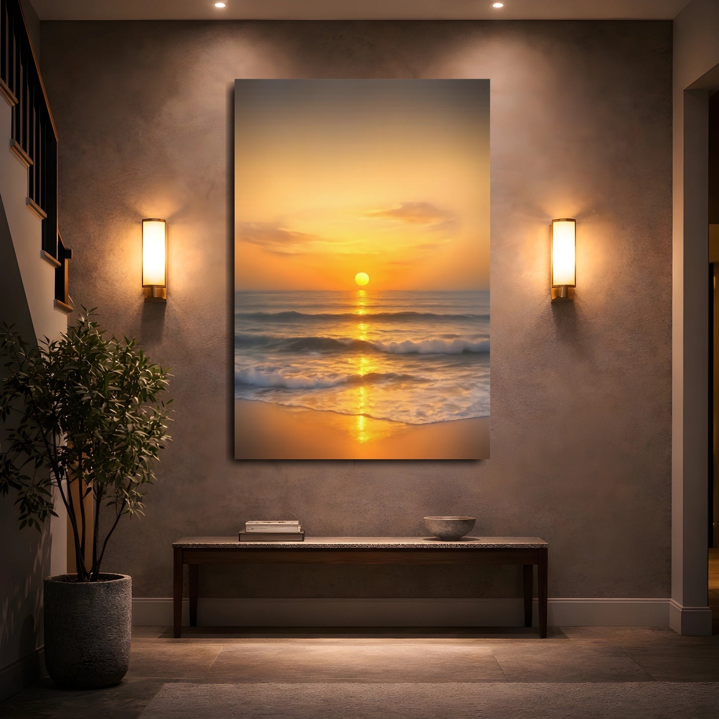 Mockup 4. Nature Sunset Ocean Golden Sunset shown as stretched canvas wall art