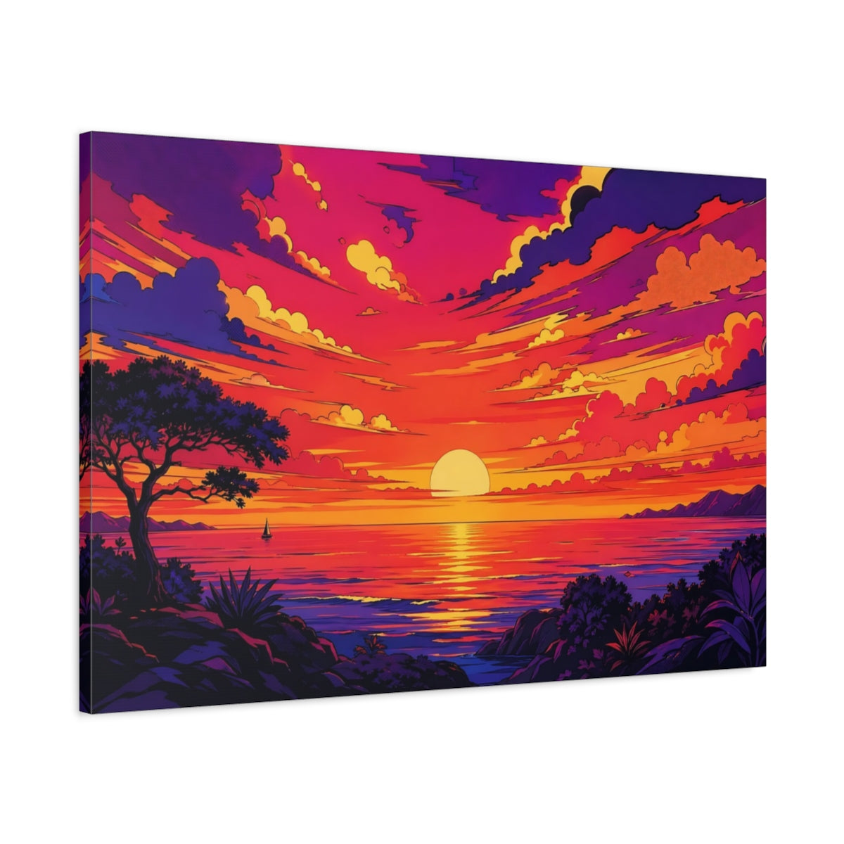 Main Mockup. Nature Sunset Ocean Orange And Purple shown as stretched canvas wall art