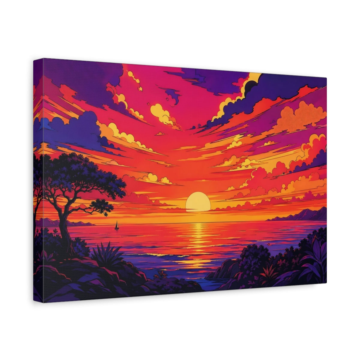 Side Mockup 4. Nature Sunset Ocean Orange And Purple shown as stretched canvas wall art