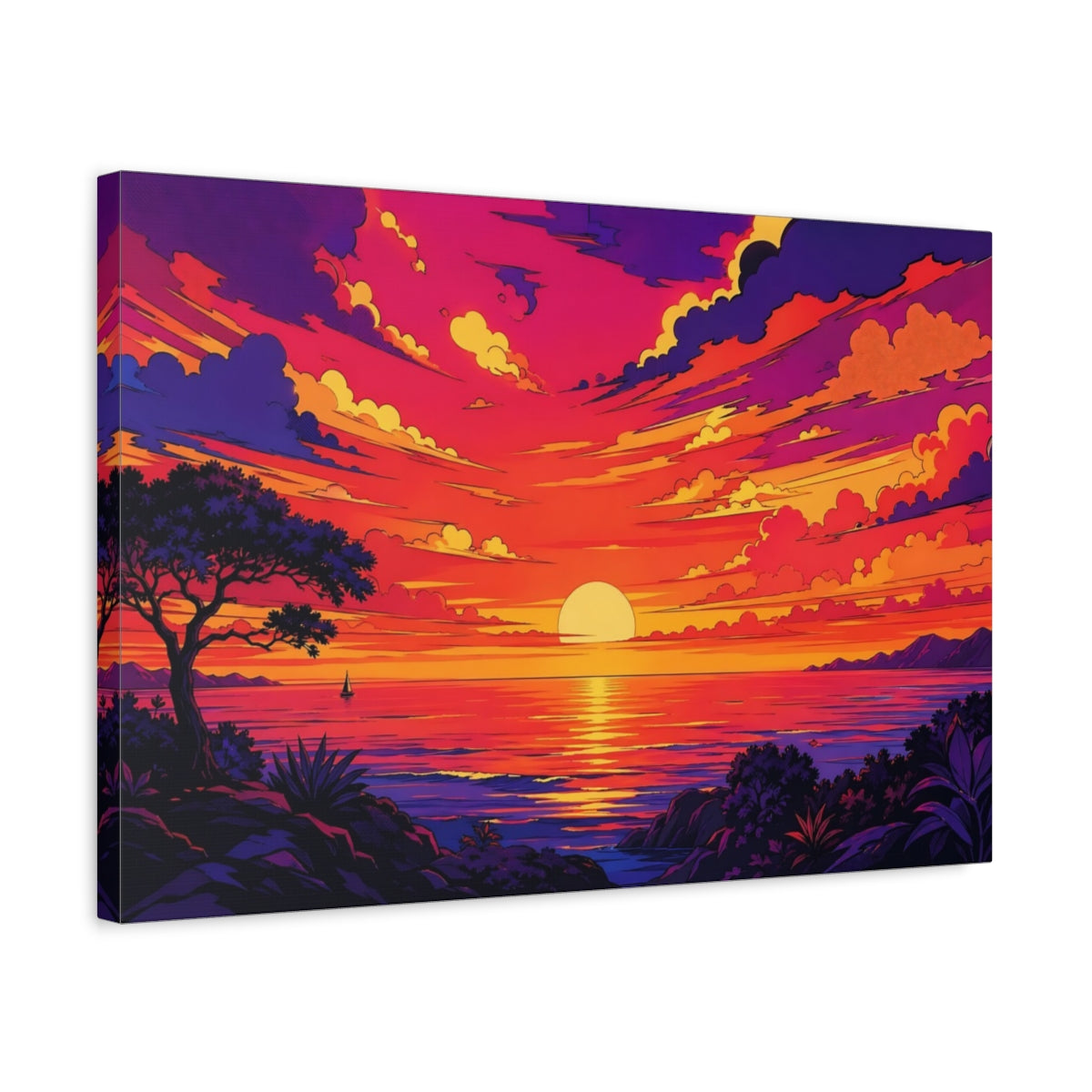 Side Mockup 3. Nature Sunset Ocean Orange And Purple shown as stretched canvas wall art
