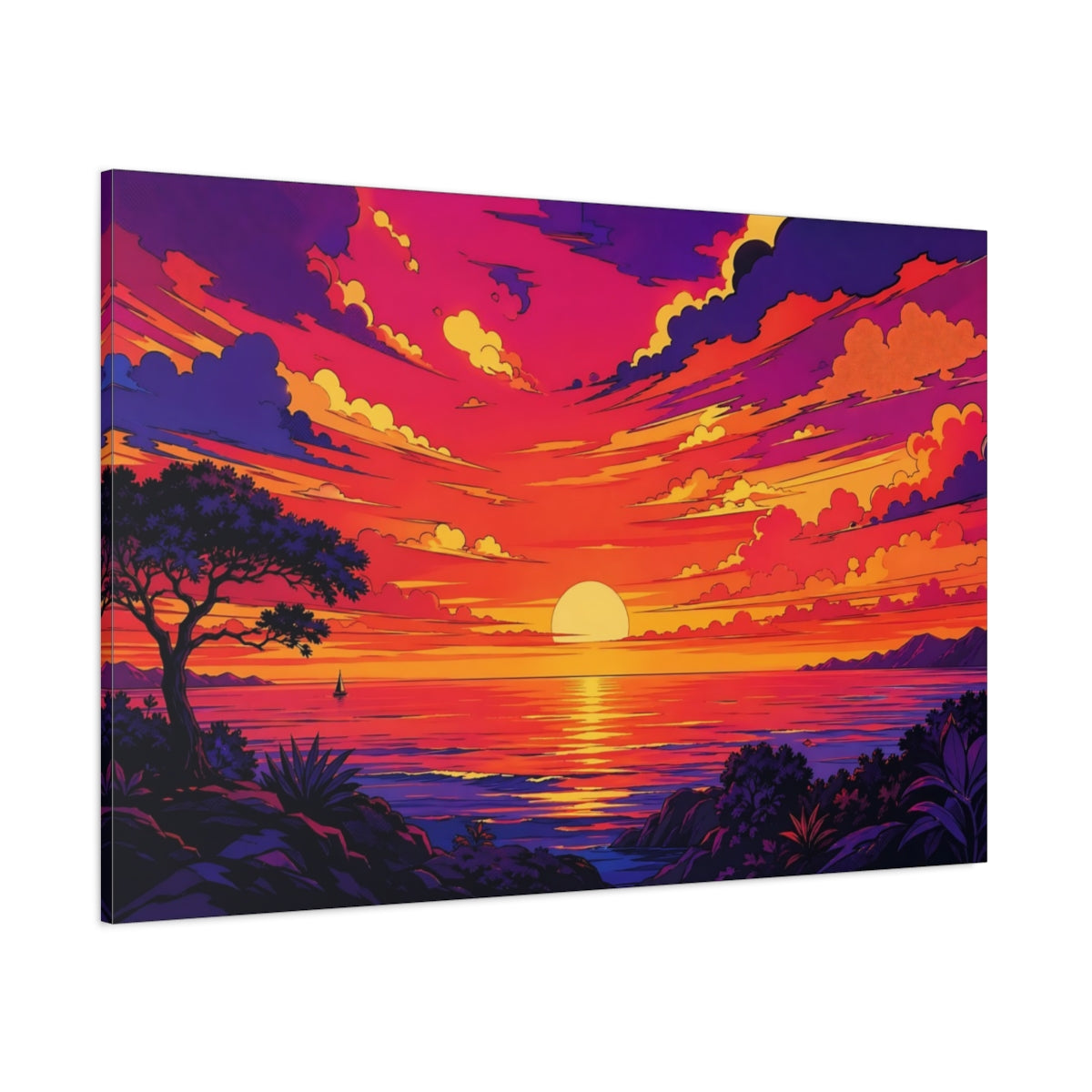 Side Mockup 1. Nature Sunset Ocean Orange And Purple shown as stretched canvas wall art