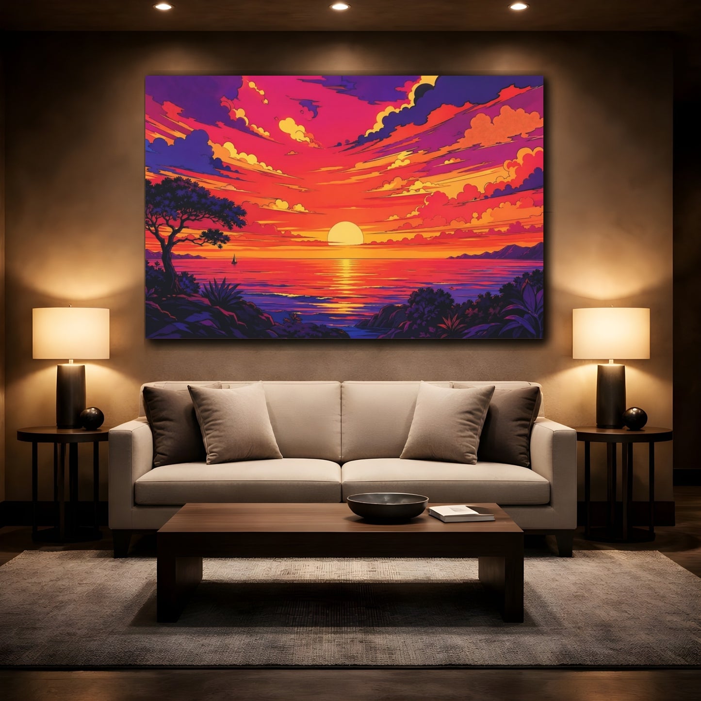 Mockup 2. Nature Sunset Ocean Orange And Purple shown as stretched canvas wall art