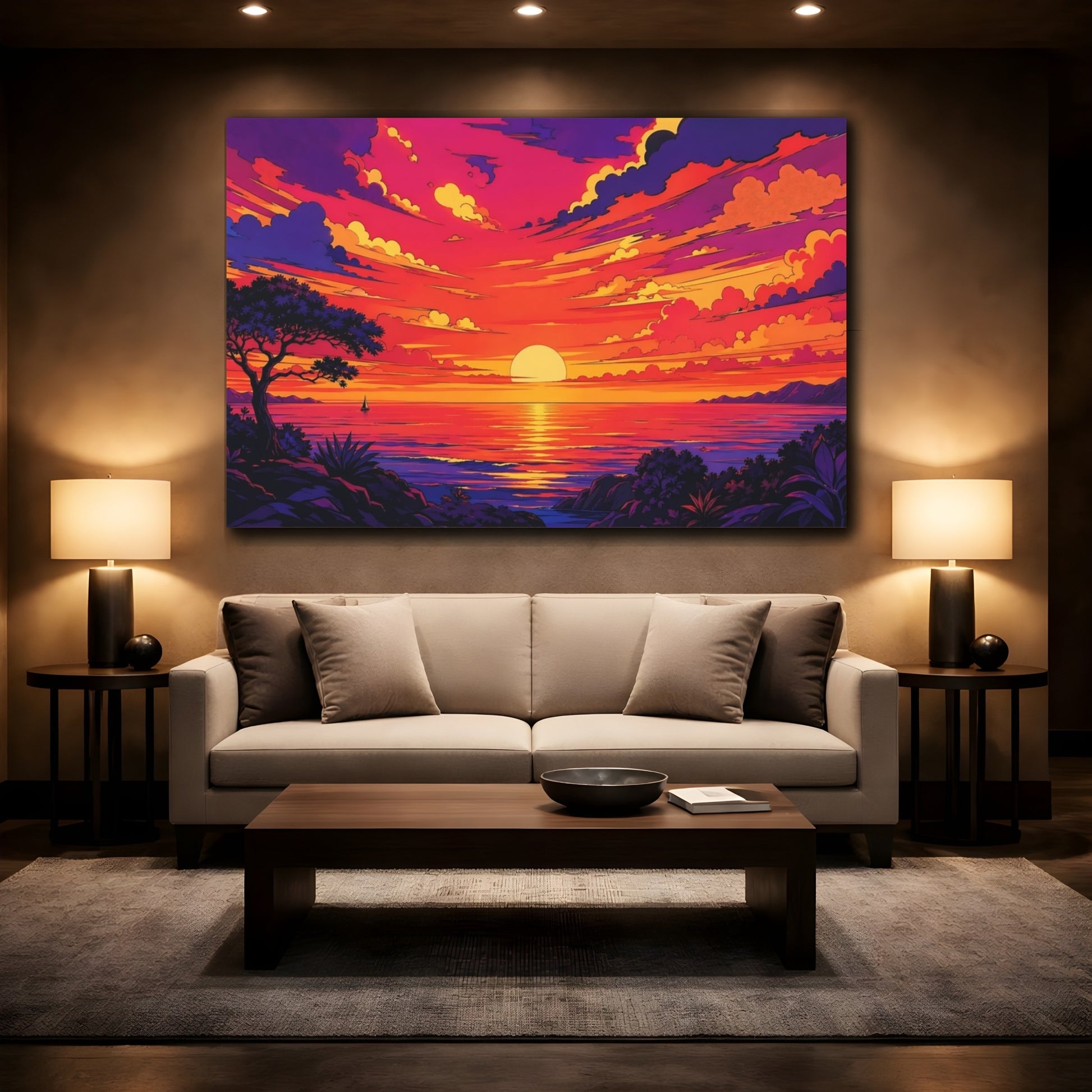 Mockup 2. Nature Sunset Ocean Orange And Purple shown as stretched canvas wall art
