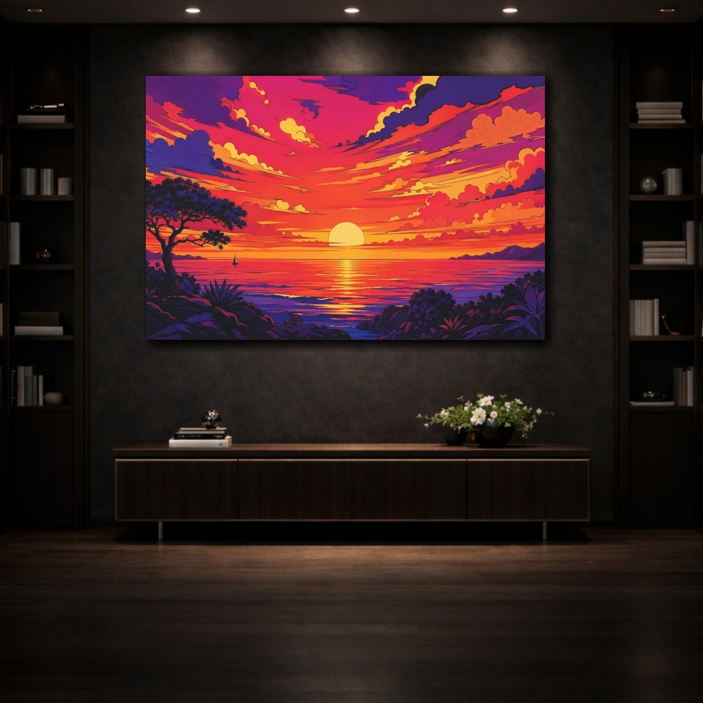 Mockup 3. Nature Sunset Ocean Orange And Purple shown as stretched canvas wall art