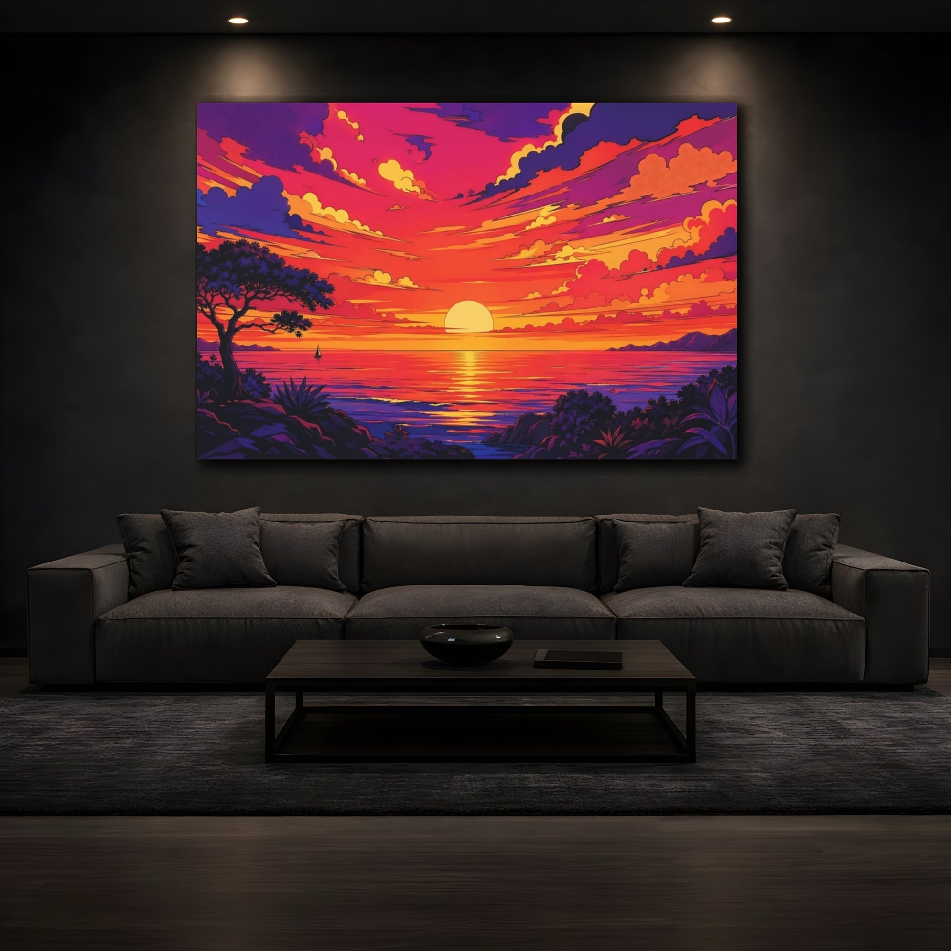 Mockup 4. Nature Sunset Ocean Orange And Purple shown as stretched canvas wall art