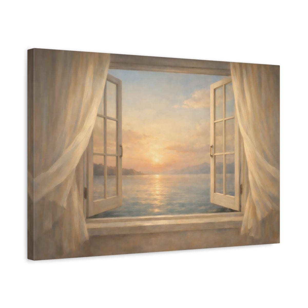 Side Mockup 3. Nature Sunset Ocean Pastel Ocean Sunset shown as stretched canvas wall art