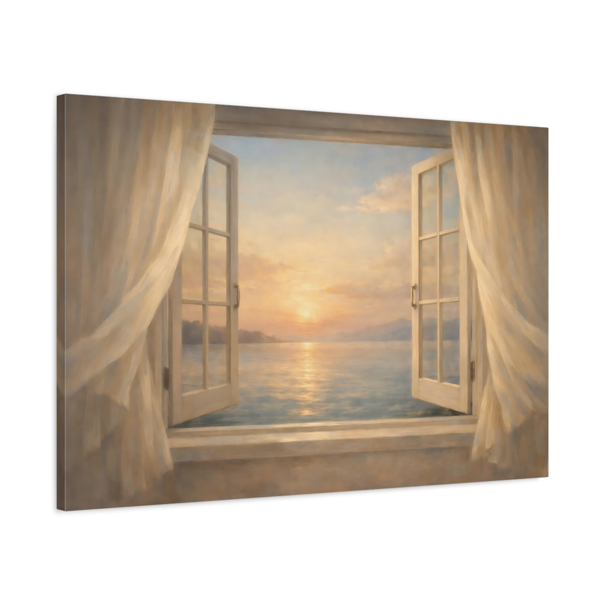 Side Mockup 1. Nature Sunset Ocean Pastel Ocean Sunset shown as stretched canvas wall art