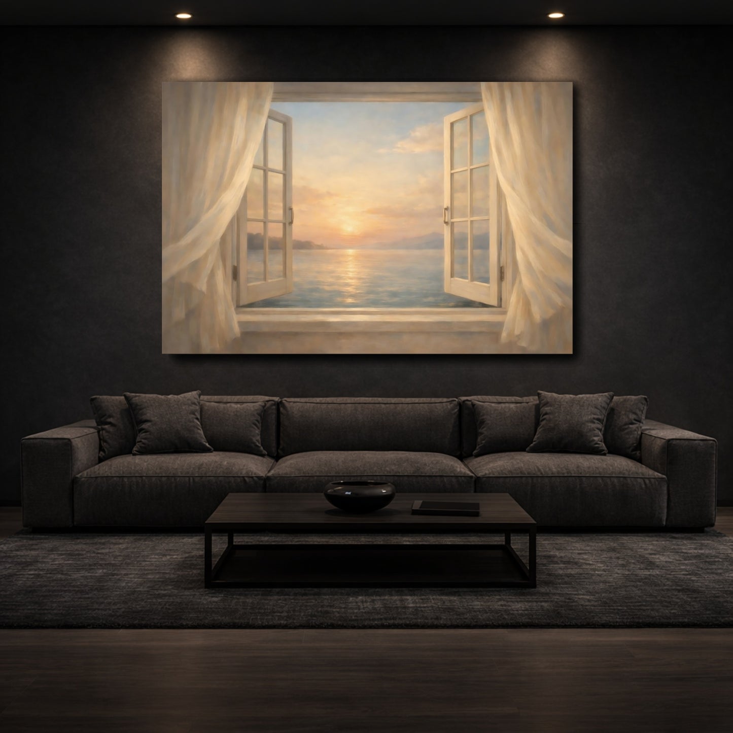 Mockup 2. Nature Sunset Ocean Pastel Ocean Sunset shown as stretched canvas wall art