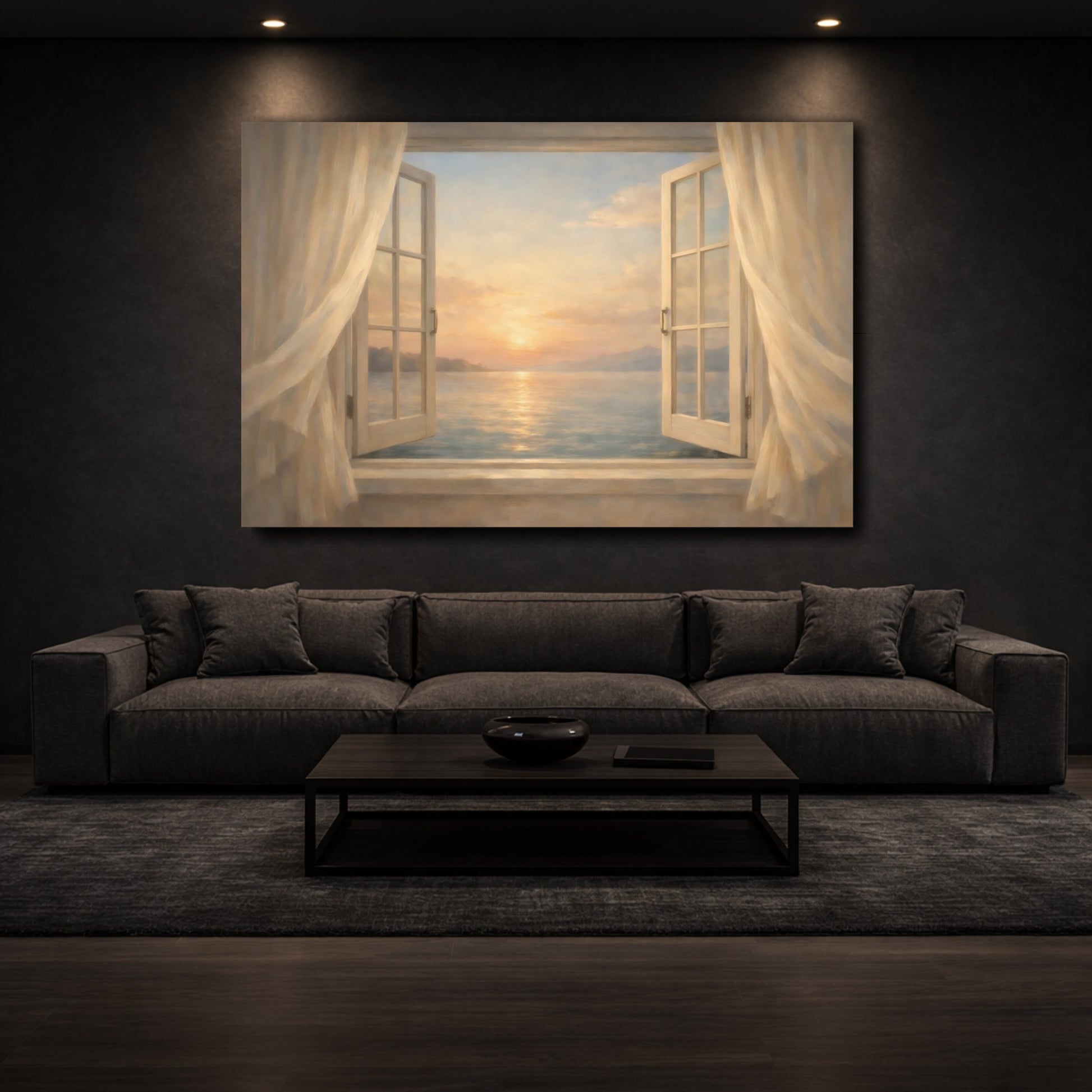 Mockup 2. Nature Sunset Ocean Pastel Ocean Sunset shown as stretched canvas wall art