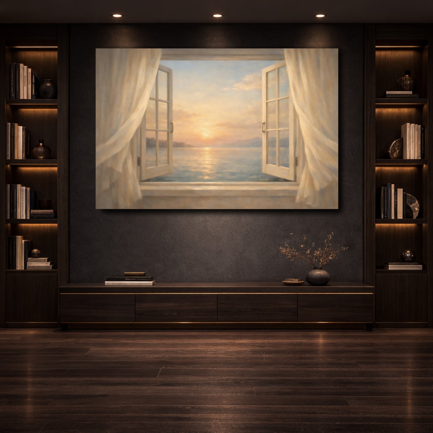 Mockup 3. Nature Sunset Ocean Pastel Ocean Sunset shown as stretched canvas wall art