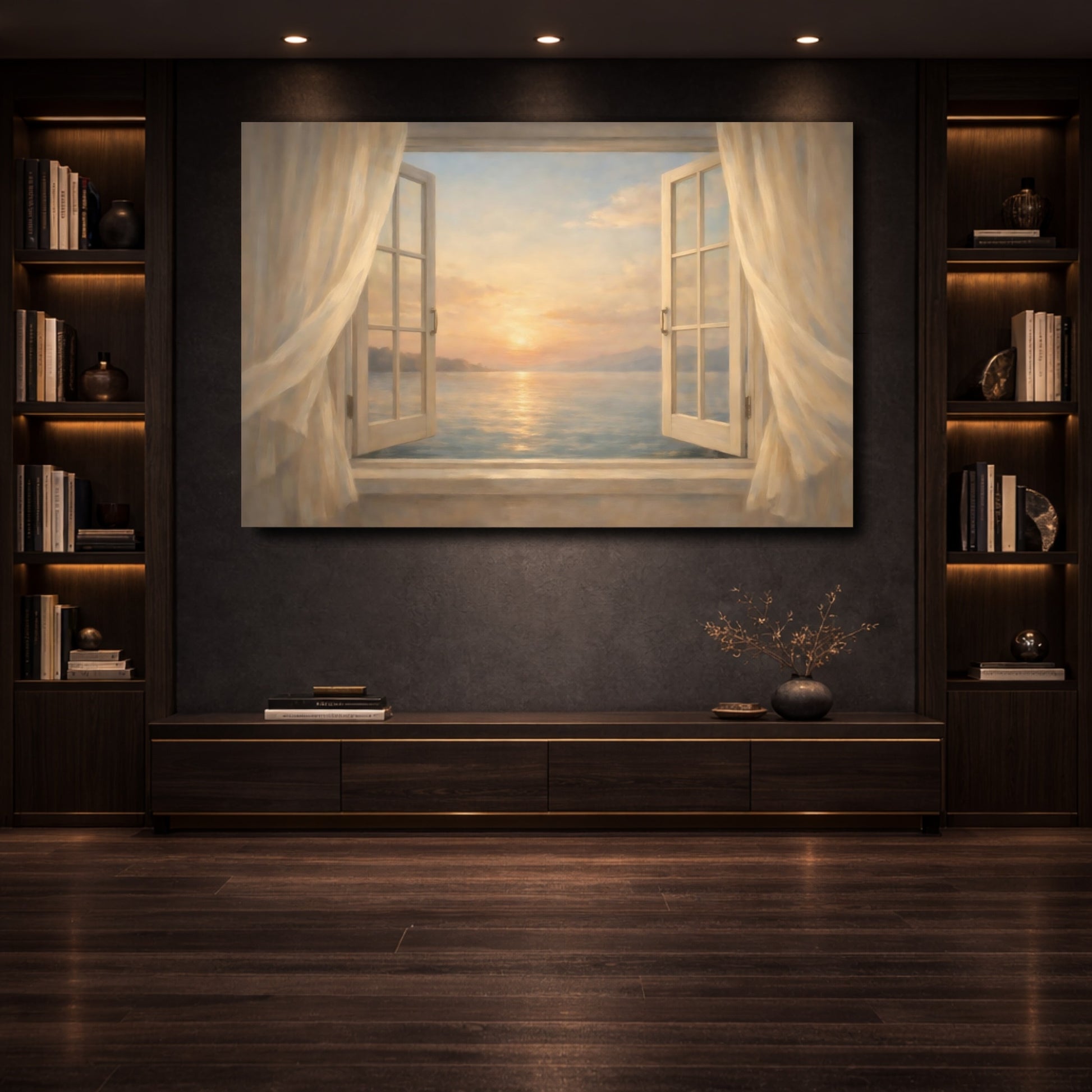 Mockup 3. Nature Sunset Ocean Pastel Ocean Sunset shown as stretched canvas wall art