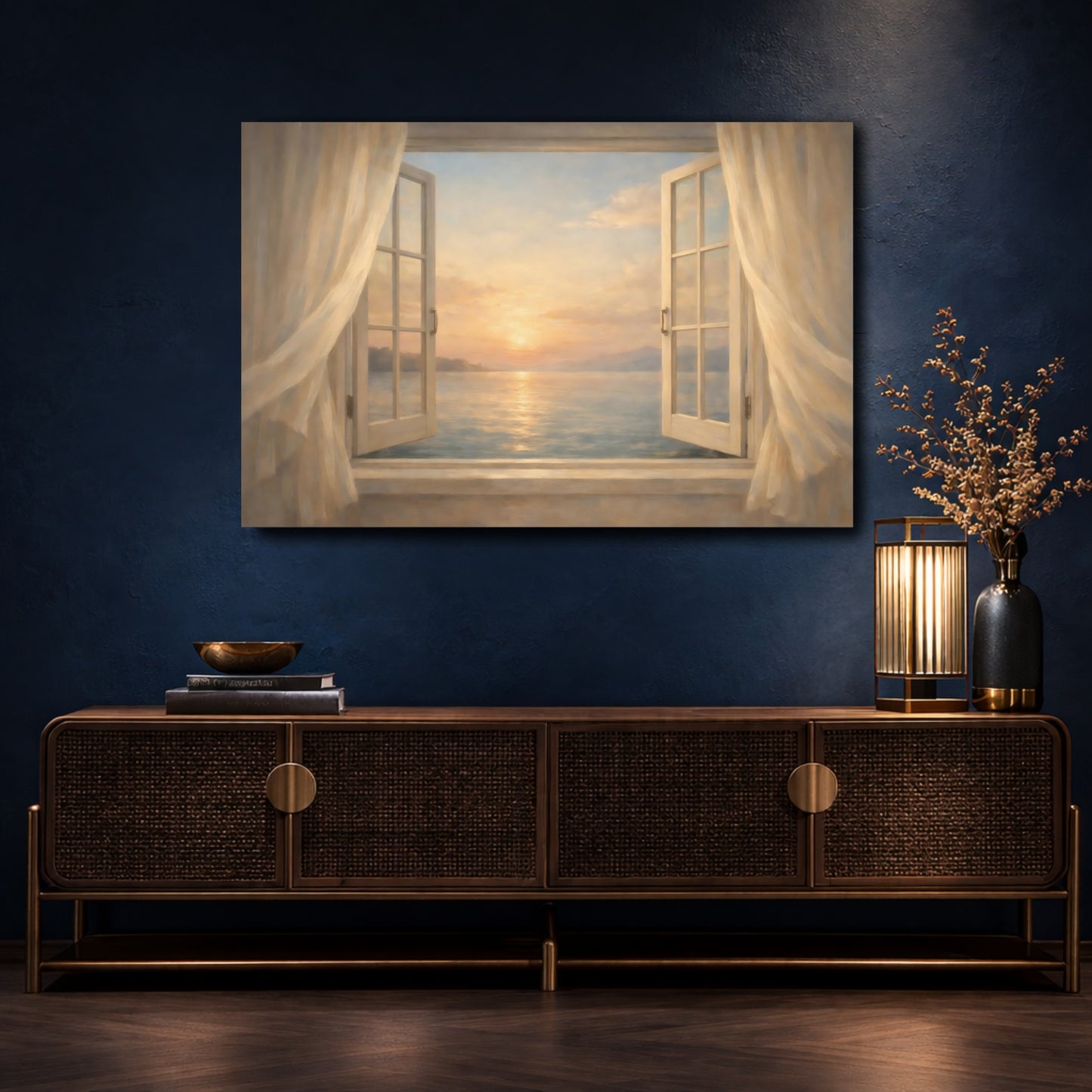 Mockup 4. Nature Sunset Ocean Pastel Ocean Sunset shown as stretched canvas wall art