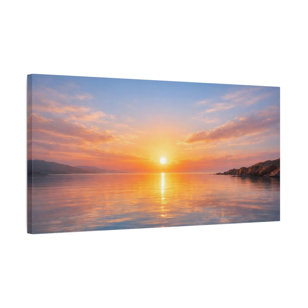 Side Mockup 2. Nature Sunset Orange And Blue Sunset shown as stretched canvas wall art
