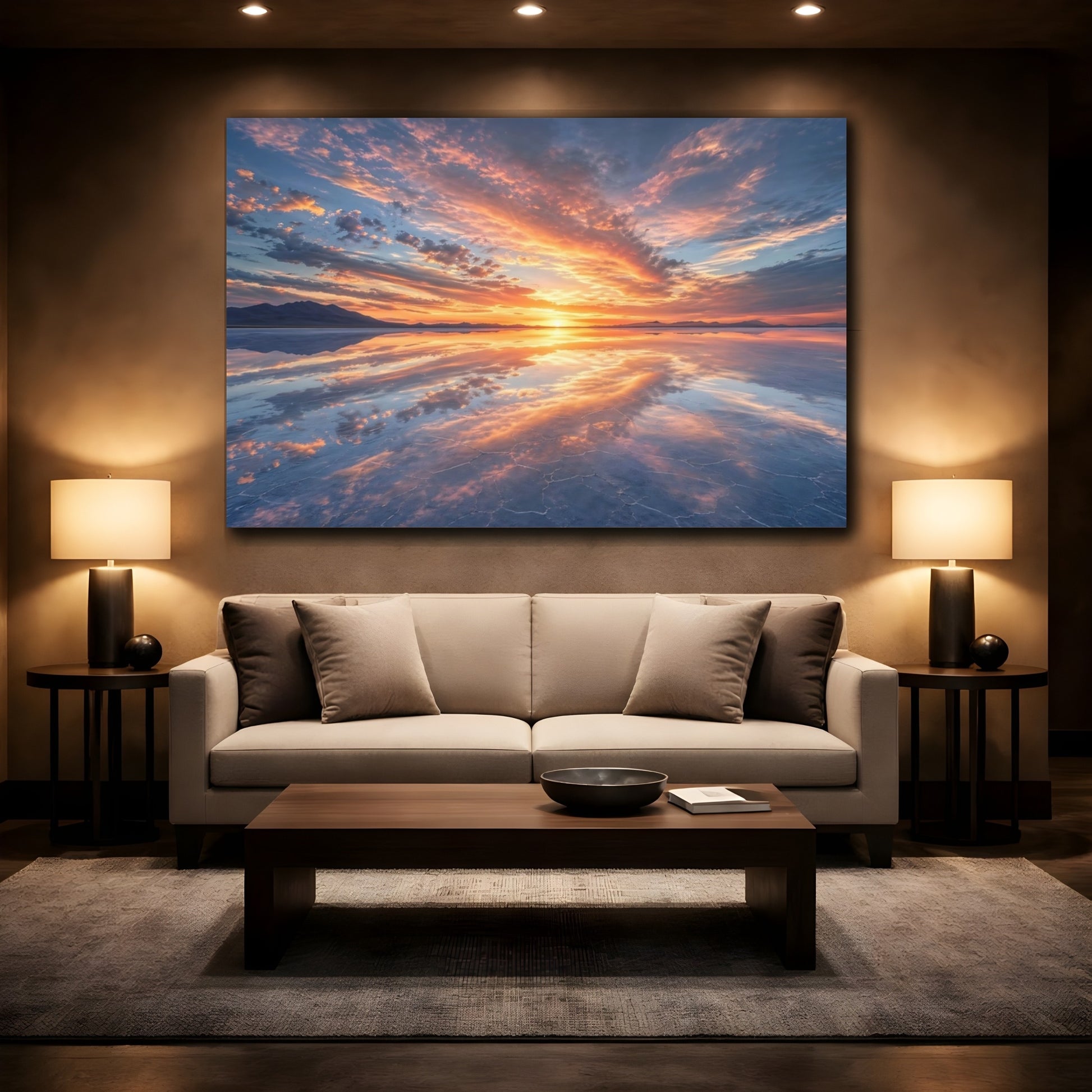 Mockup 2. Nature Sunset Orange And Blue shown as stretched canvas wall art