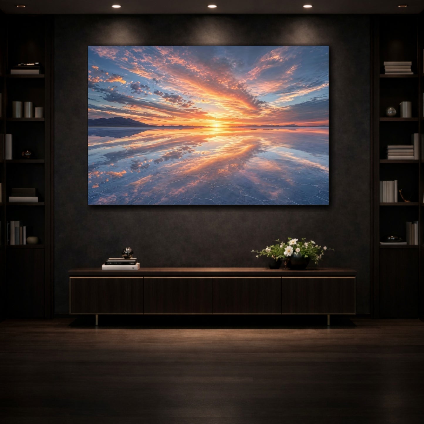 Mockup 3. Nature Sunset Orange And Blue shown as stretched canvas wall art