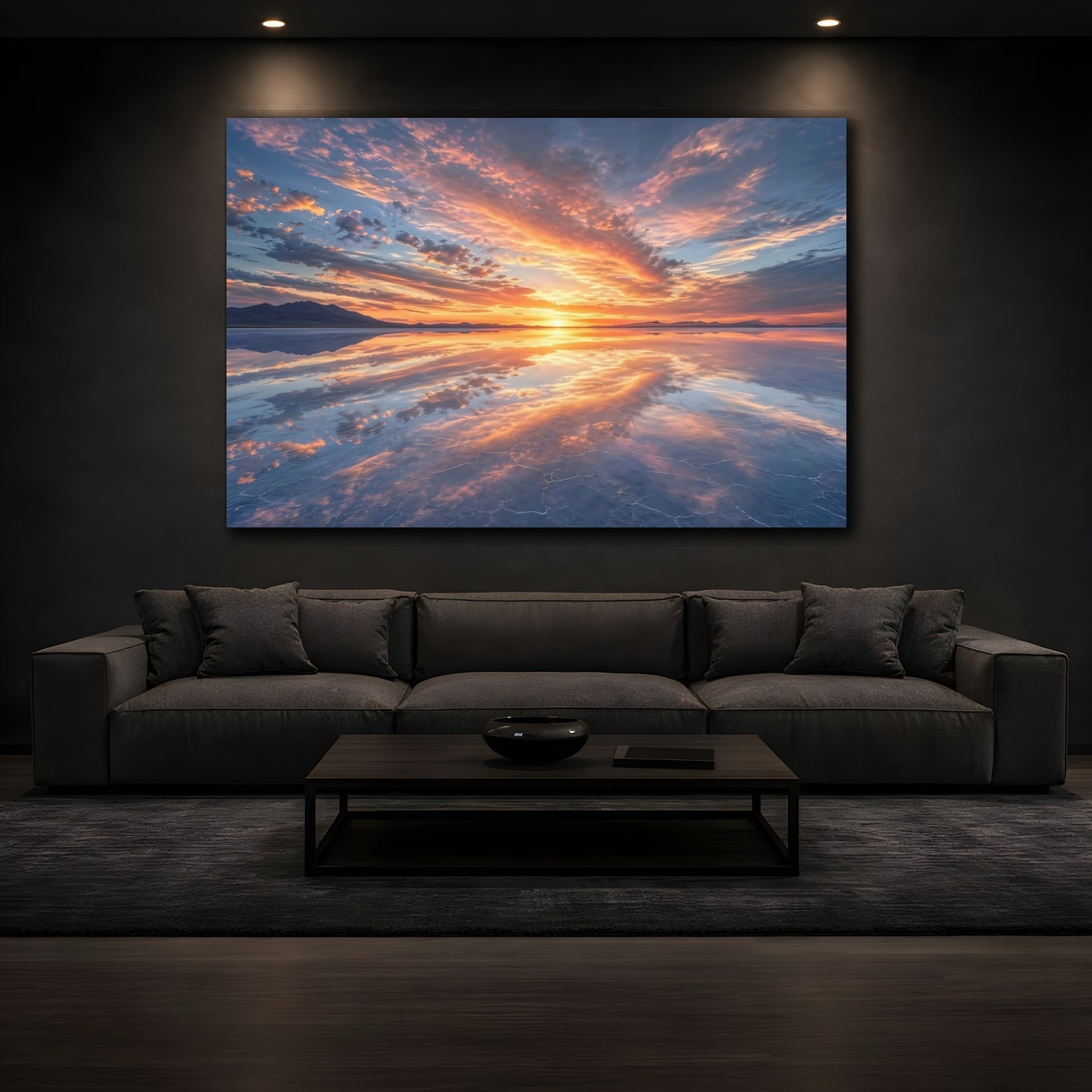 Mockup 4. Nature Sunset Orange And Blue shown as stretched canvas wall art