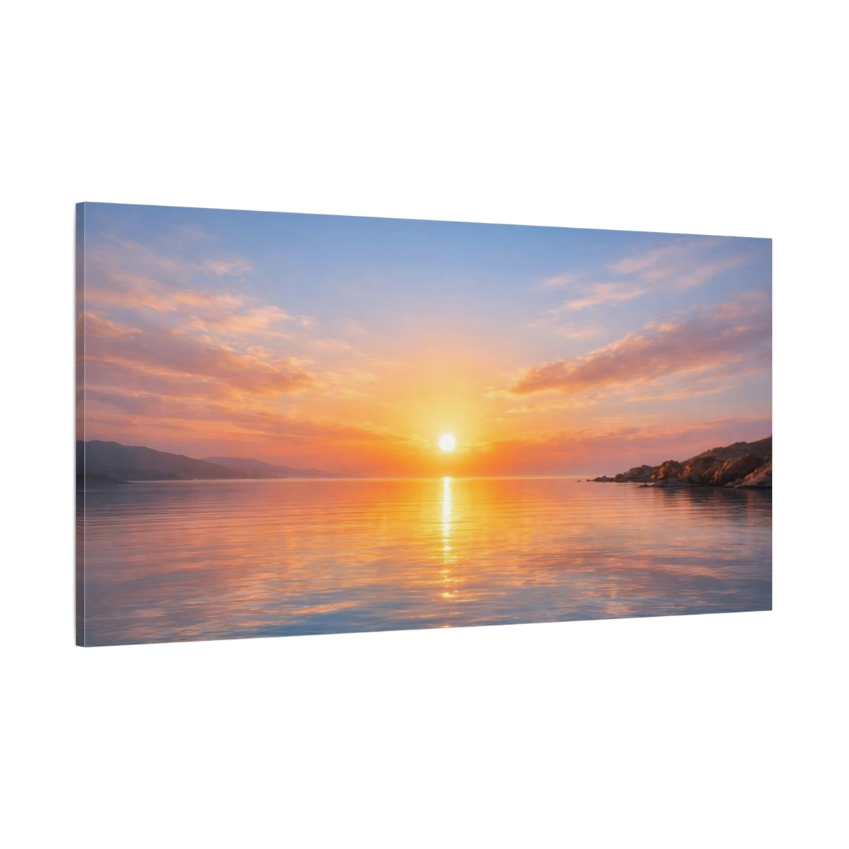 Main Mockup. Nature Sunset Orange And Blue Sunset shown as stretched canvas wall art