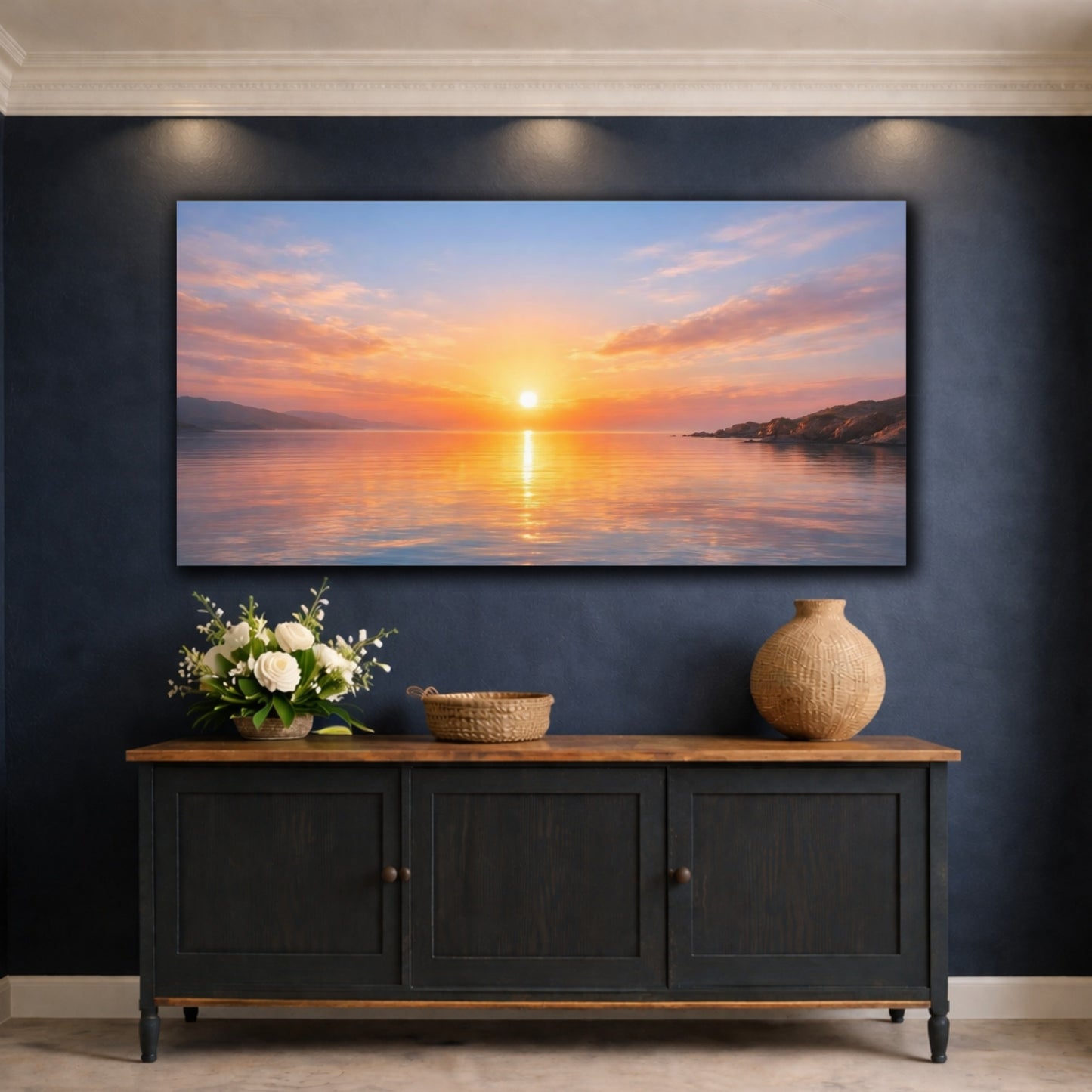 Mockup 4. Nature Sunset Orange And Blue Sunset shown as stretched canvas wall art