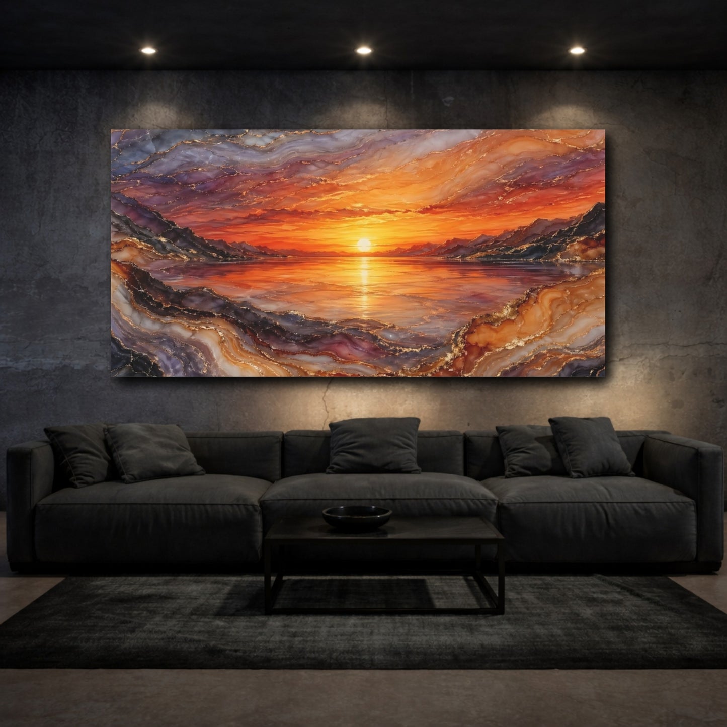 Mockup 2. Nature Sunset Orange And Gold shown as stretched canvas wall art