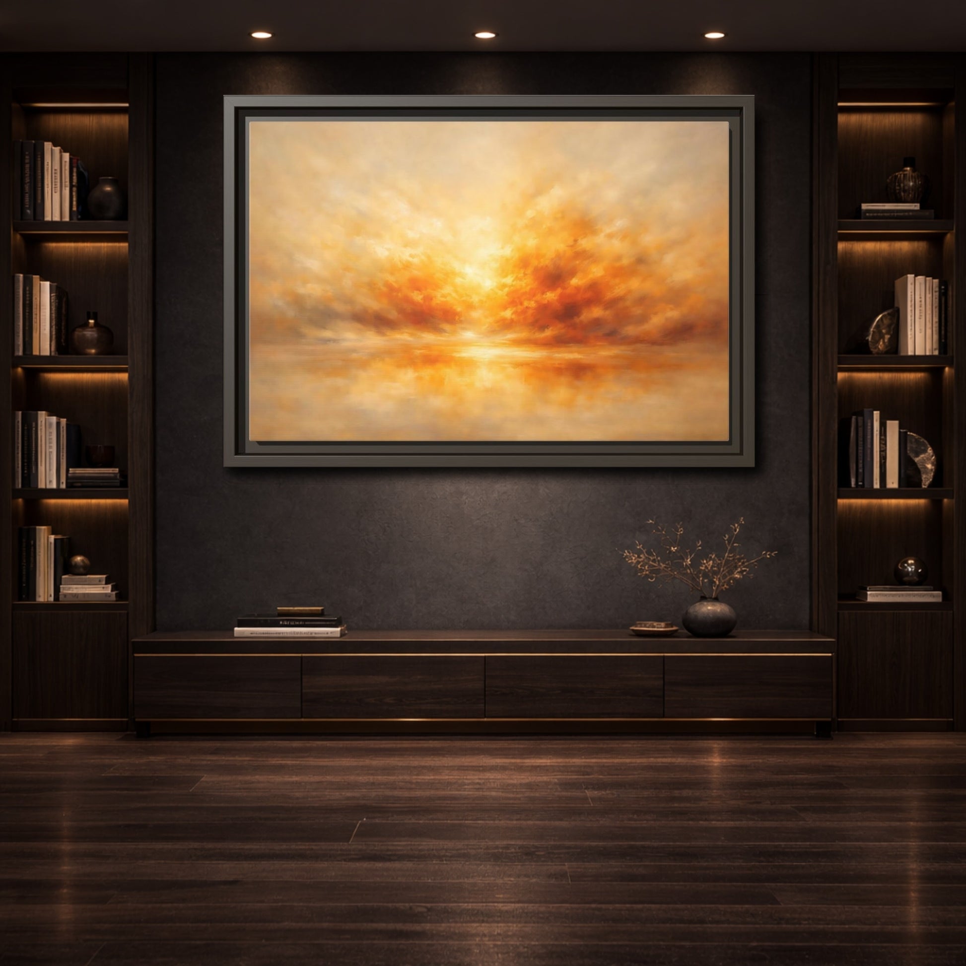 Mockup 3. Nature Sunset Orange And Gold shown as stretched canvas wall art