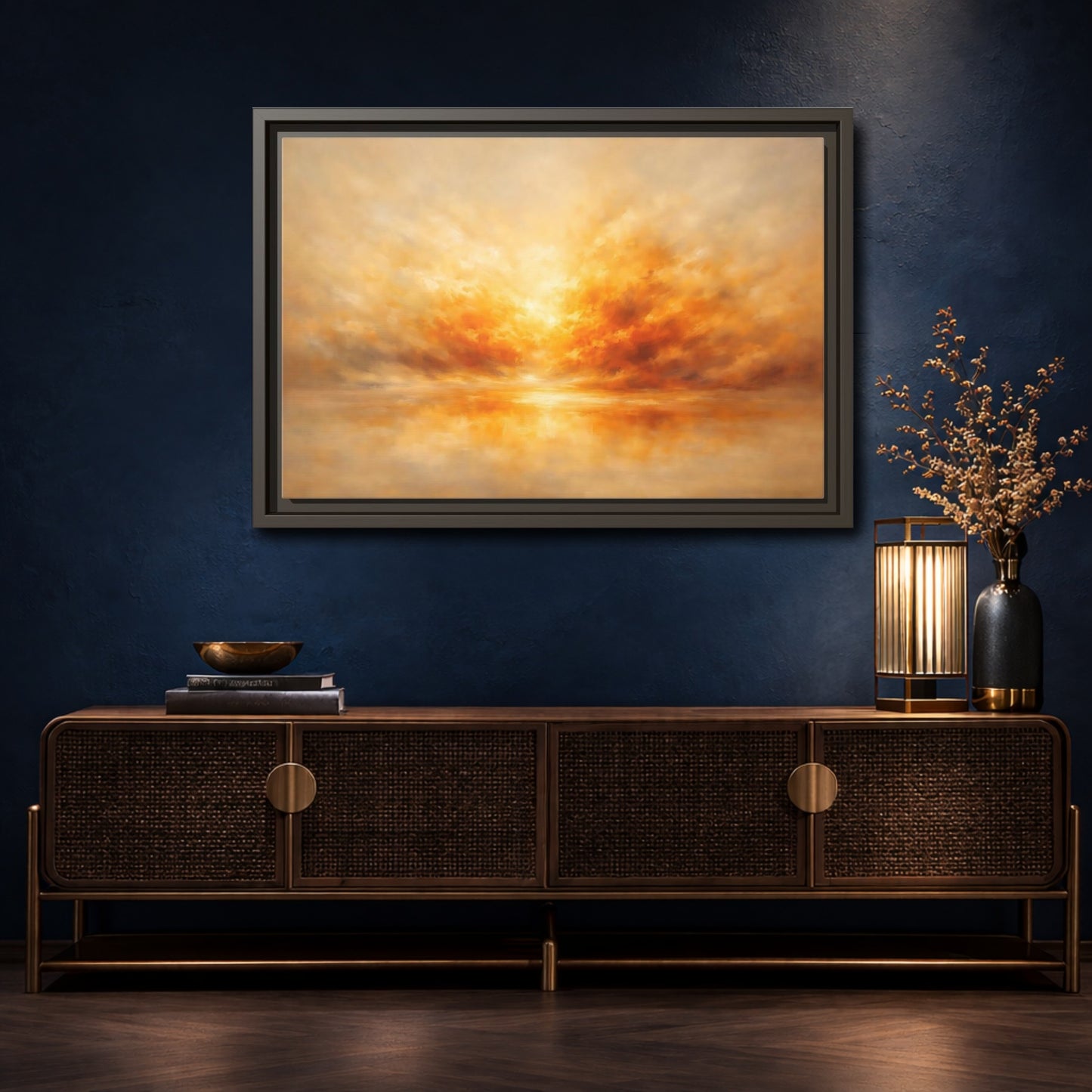 Mockup 4. Nature Sunset Orange And Gold shown as stretched canvas wall art