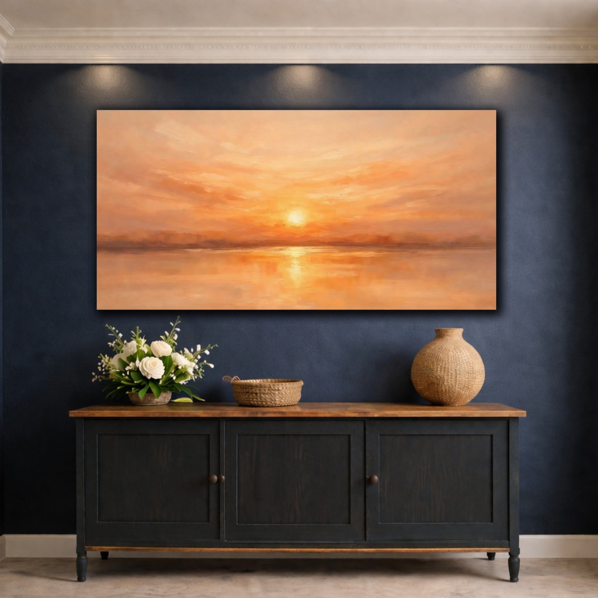 Mockup 4. Nature Sunset Orange And Gold shown as stretched canvas wall art