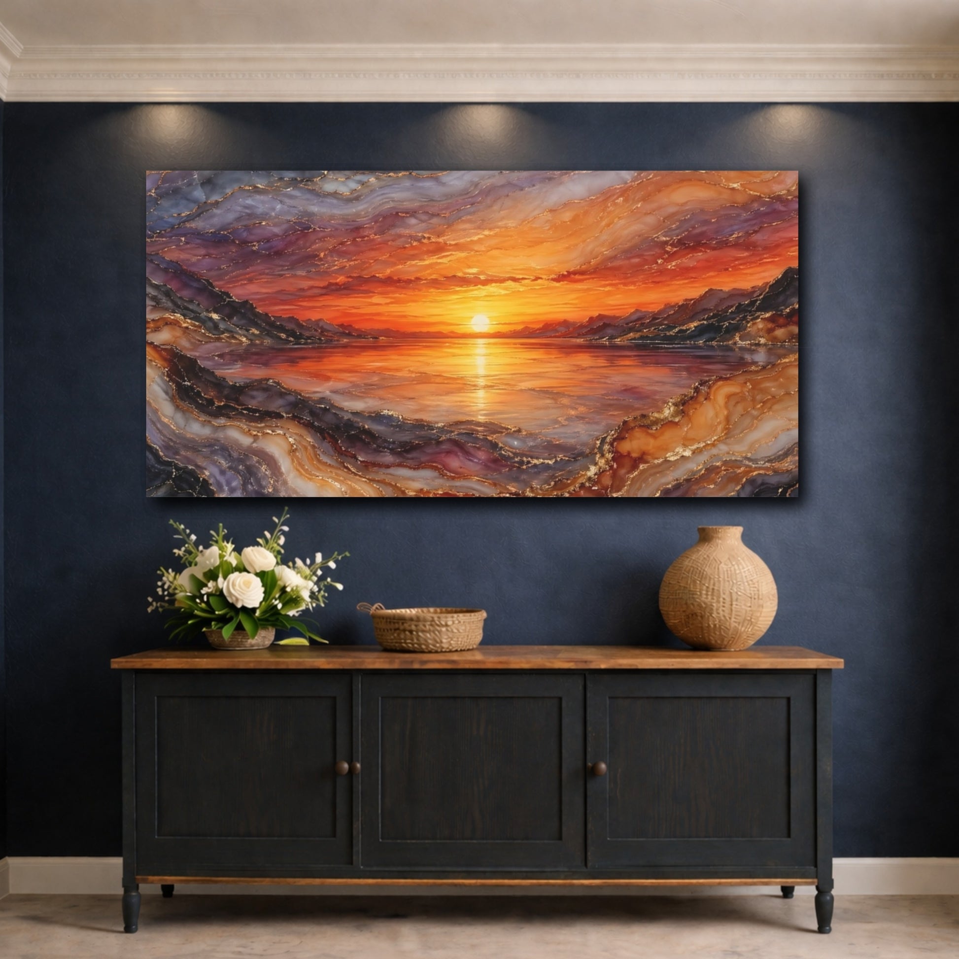 Mockup 4. Nature Sunset Orange And Gold shown as stretched canvas wall art
